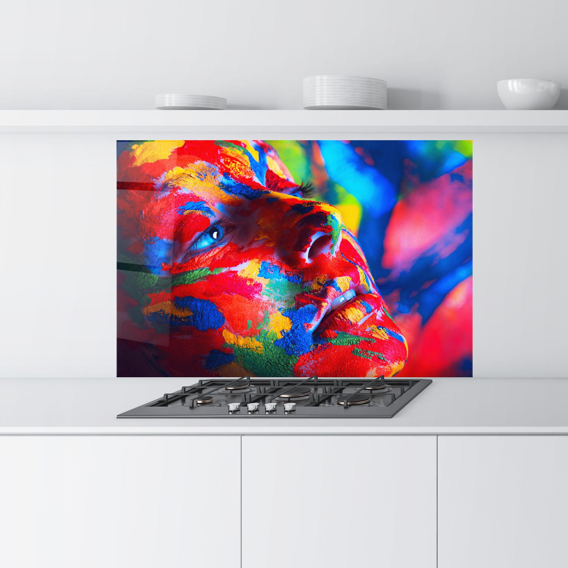Konyhai üveg hátfal Woman Colourful Paint mockup 9