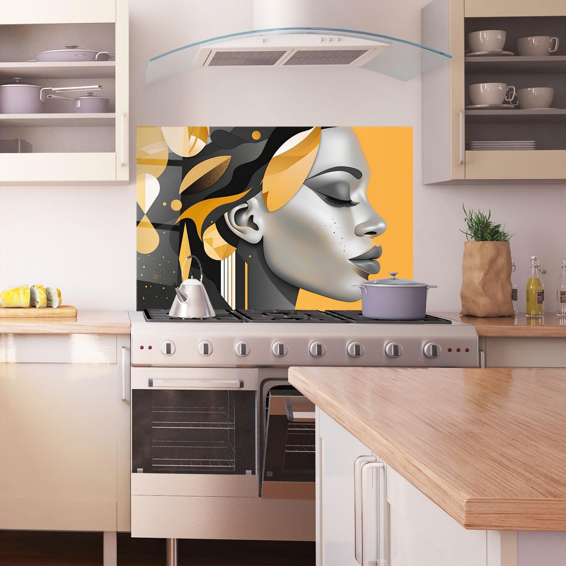 Konyhai üveg hátfal Dreamy Grey Woman mockup 1