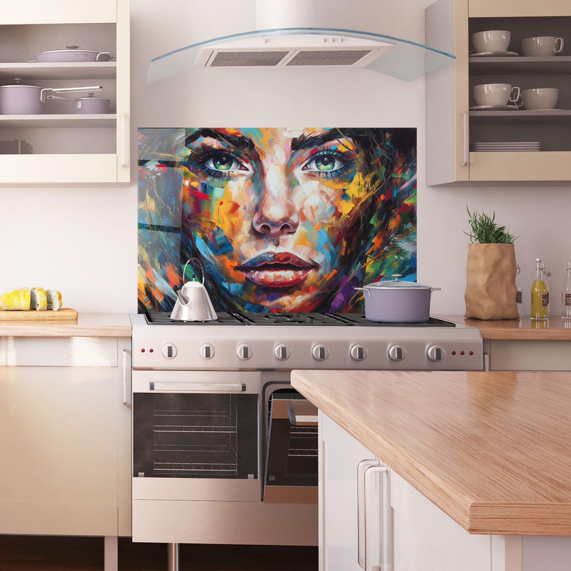 Konyhai üveg hátfal Vibrant Color Woman Paint mockup 1
