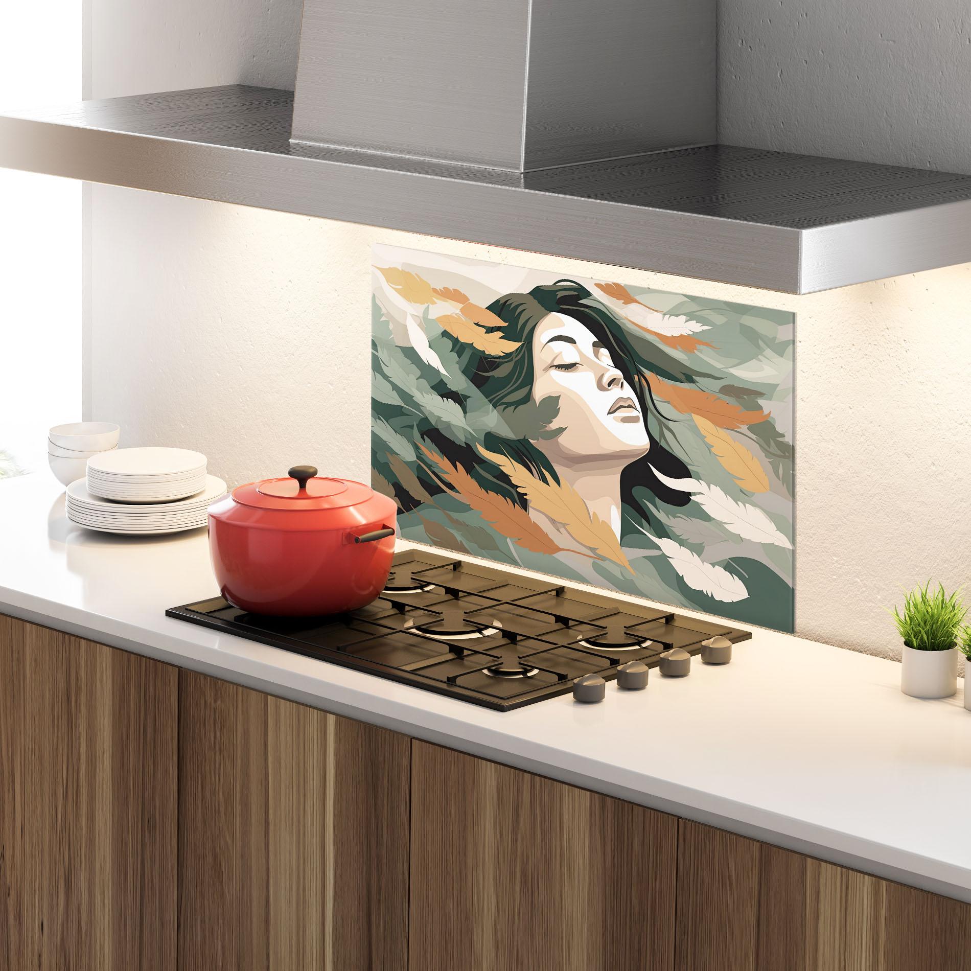 Konyhai üveg hátfal Dreamy Feather Female mockup 4