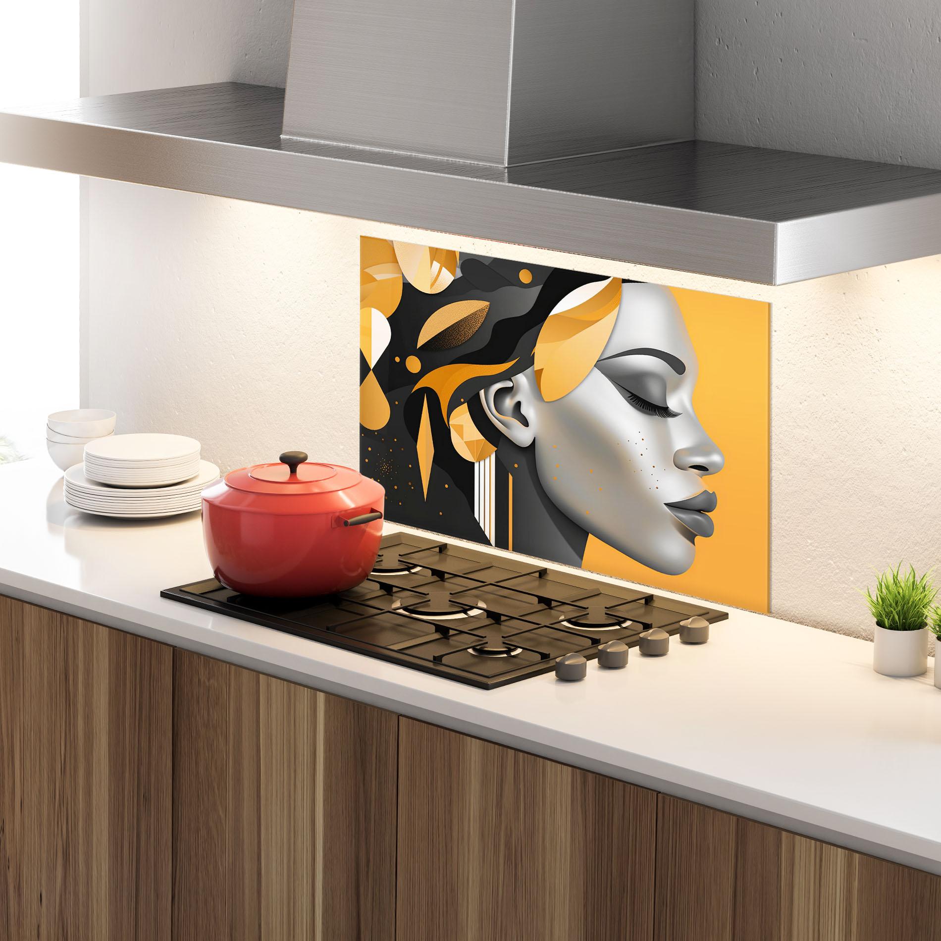 Konyhai üveg hátfal Dreamy Grey Woman mockup 4