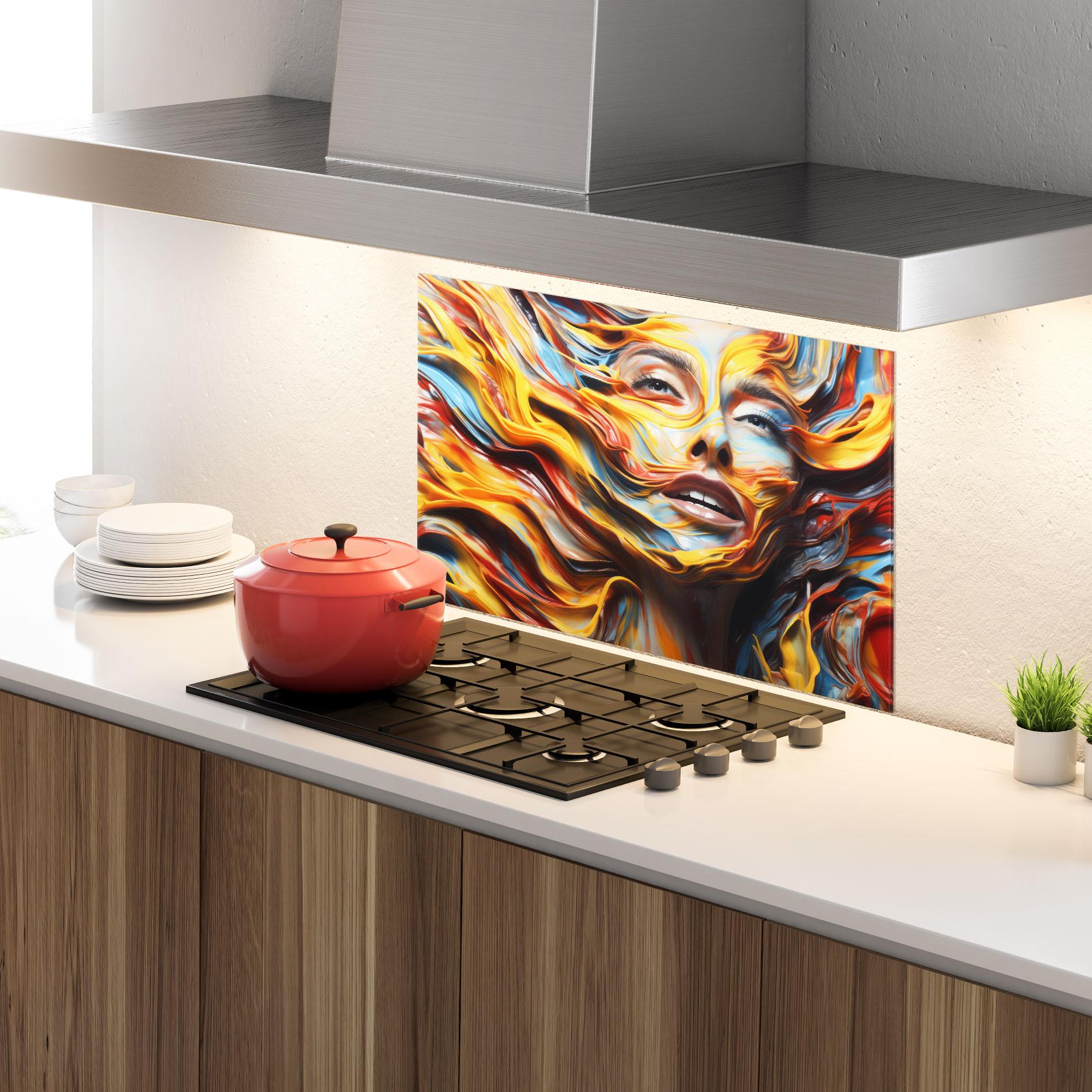 Konyhai üveg hátfal Painted Woman mockup 4