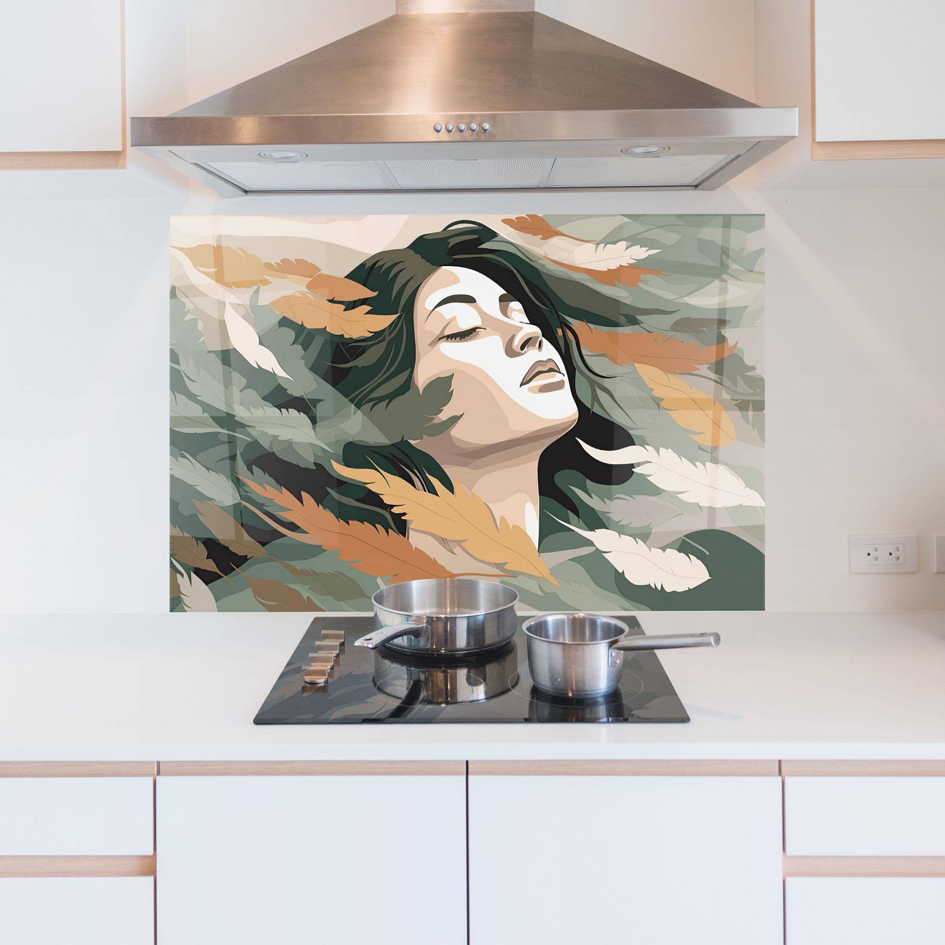 Konyhai üveg hátfal Dreamy Feather Female mockup 5