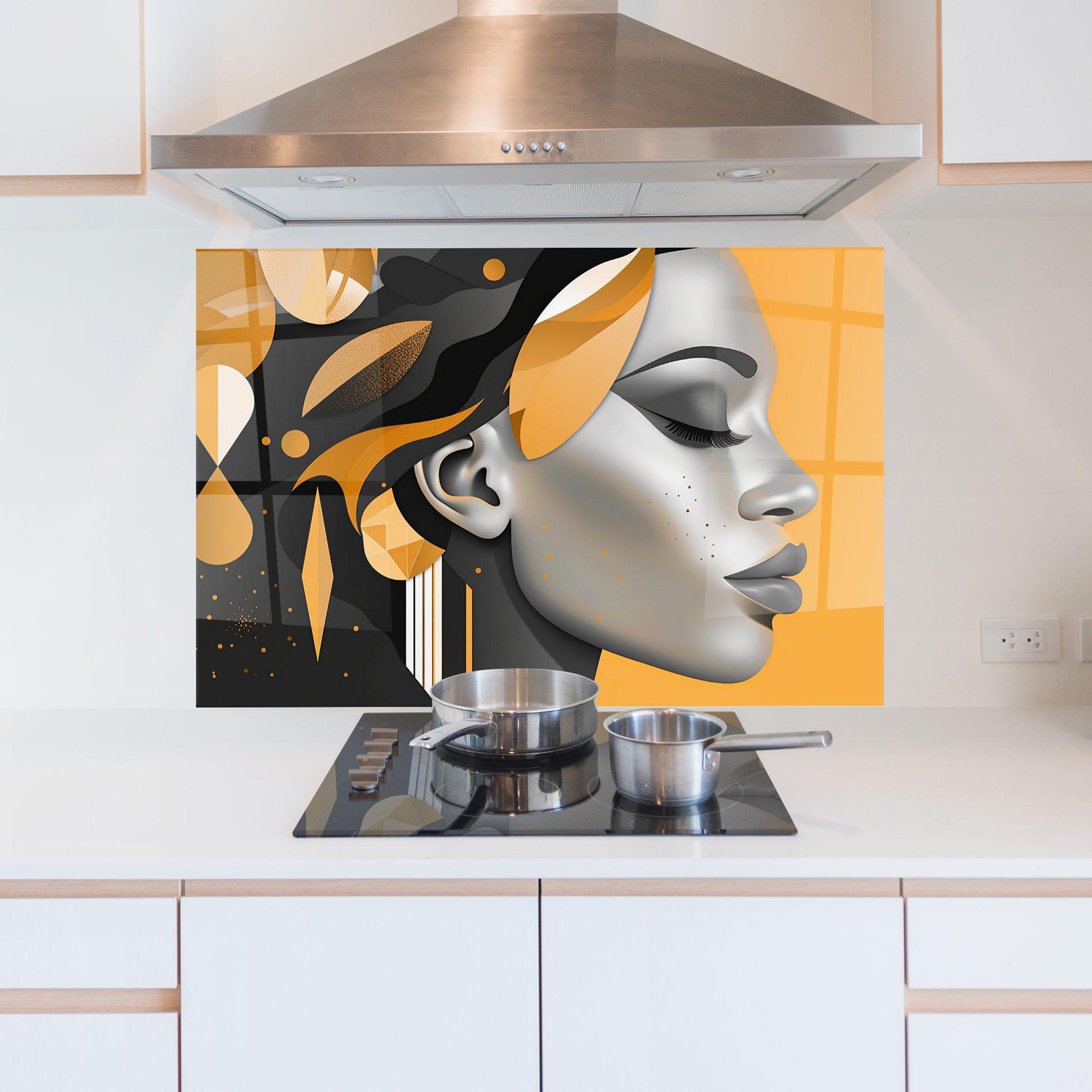 Konyhai üveg hátfal Dreamy Grey Woman mockup 5