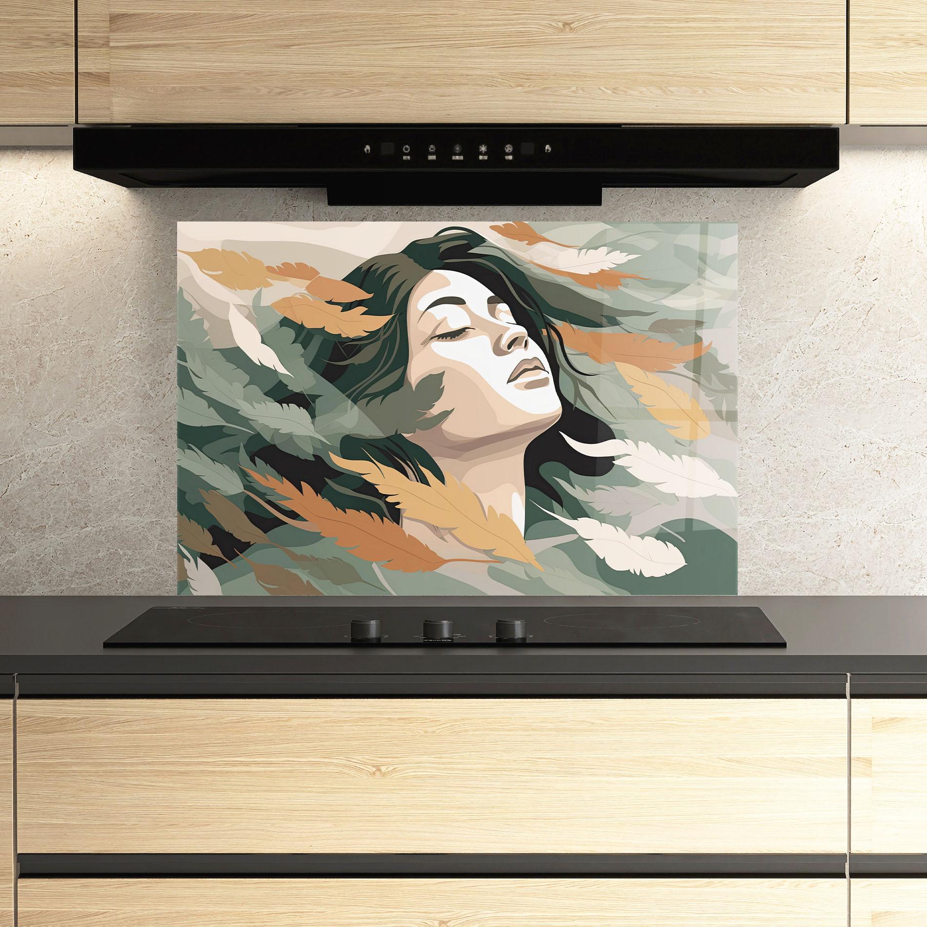 Konyhai üveg hátfal Dreamy Feather Female mockup 3