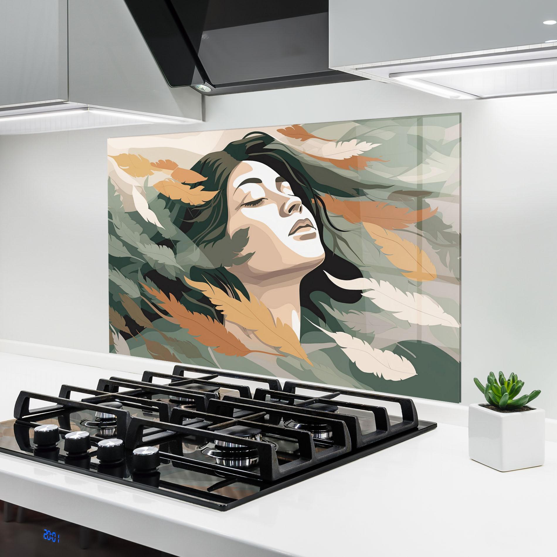 Konyhai üveg hátfal Dreamy Feather Female mockup 6