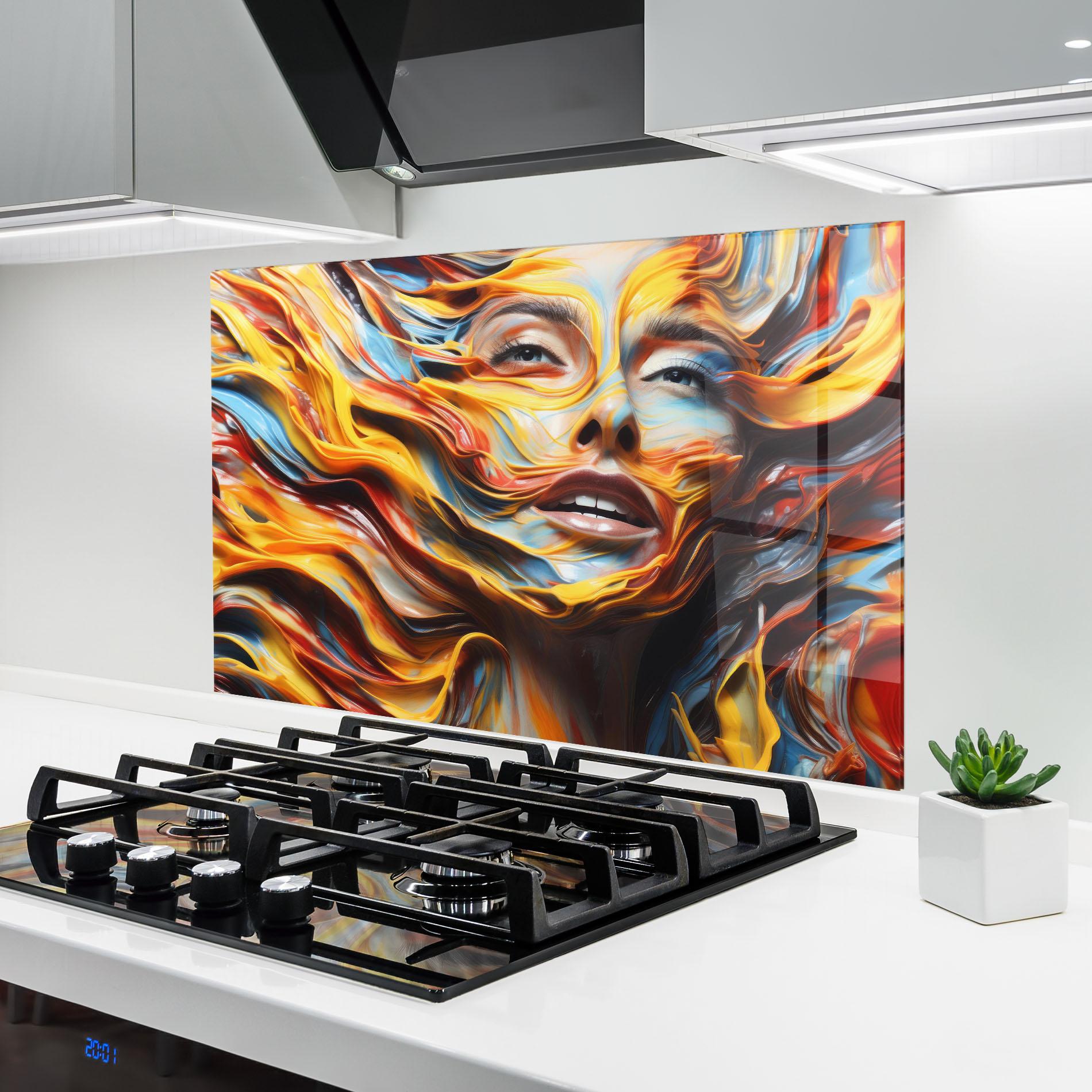 Konyhai üveg hátfal Painted Woman mockup 6