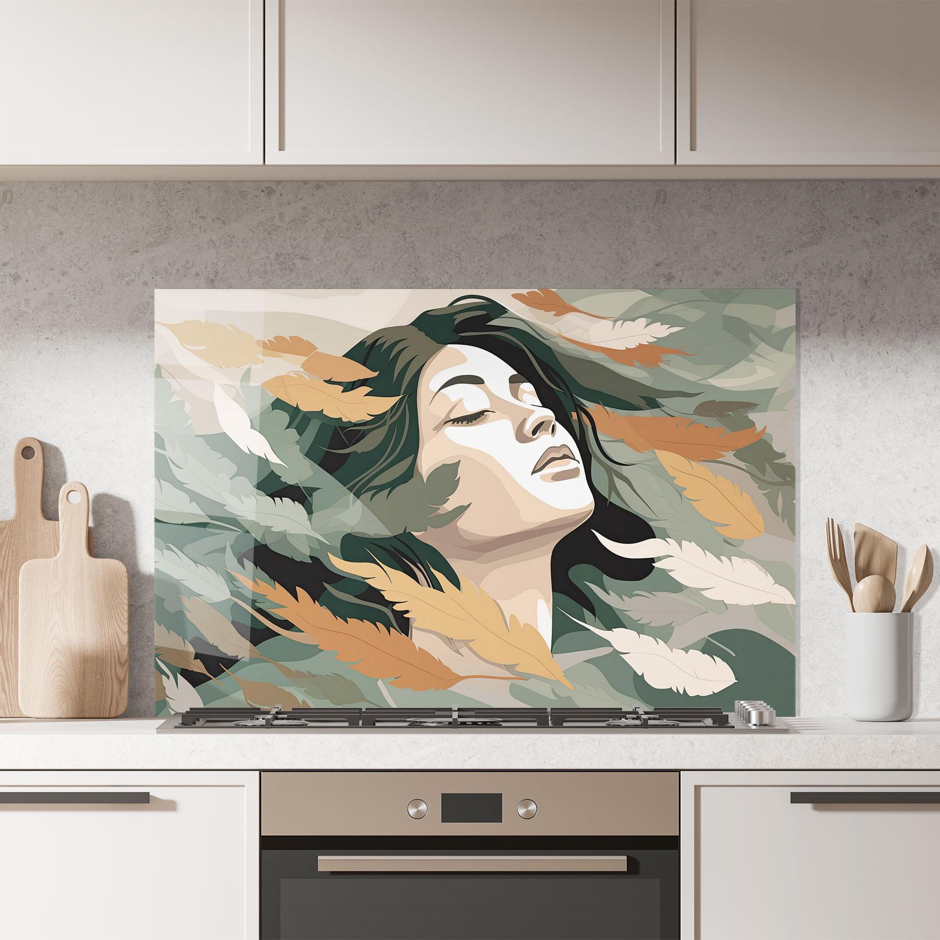 Konyhai üveg hátfal Dreamy Feather Female mockup 7