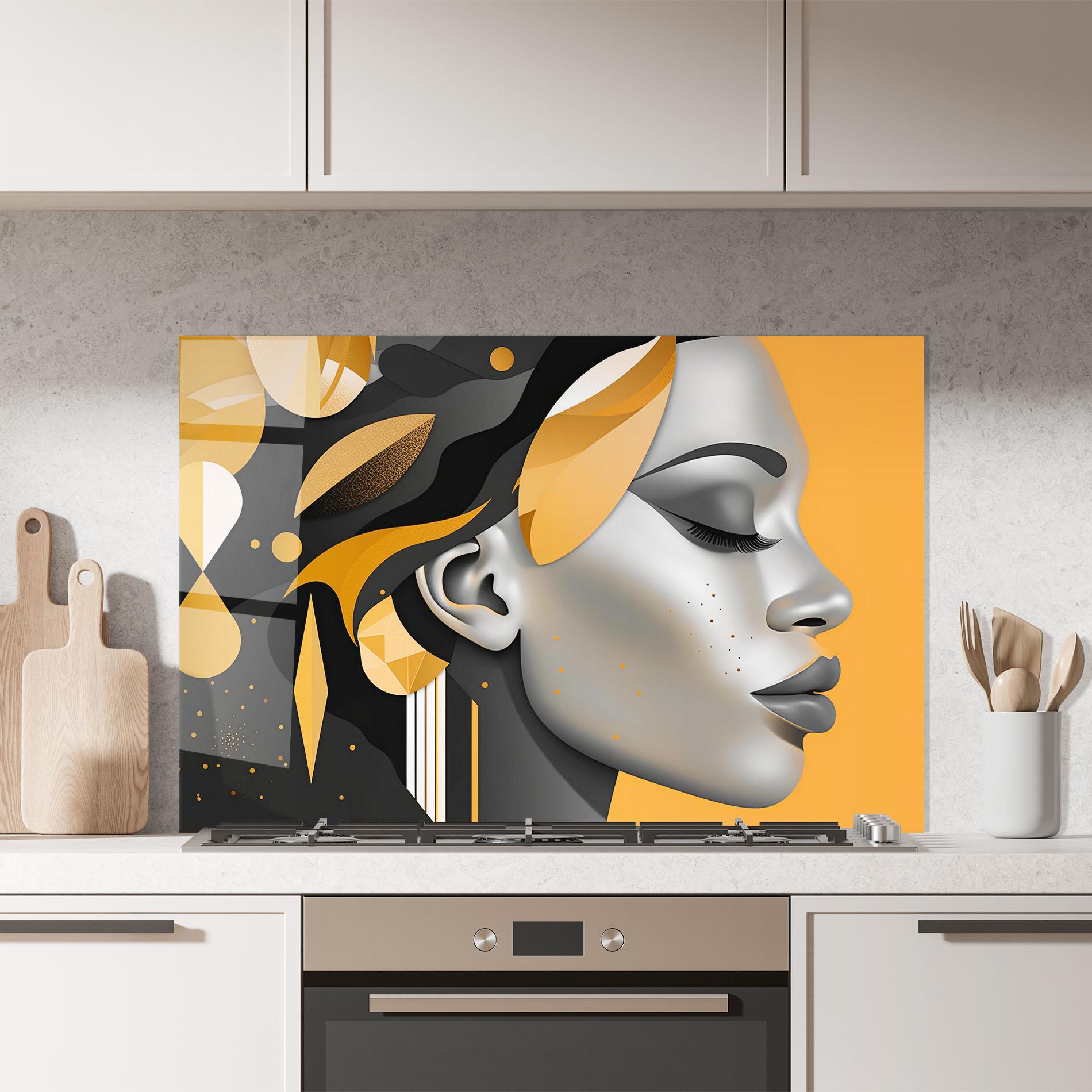 Konyhai üveg hátfal Dreamy Grey Woman mockup 7