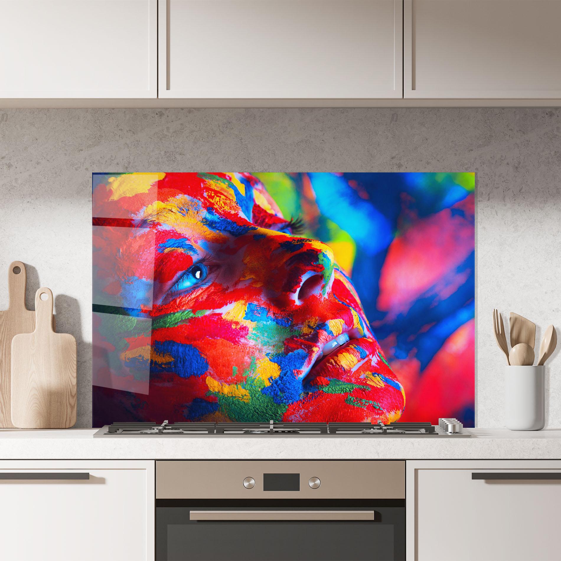 Konyhai üveg hátfal Woman Colourful Paint mockup 7
