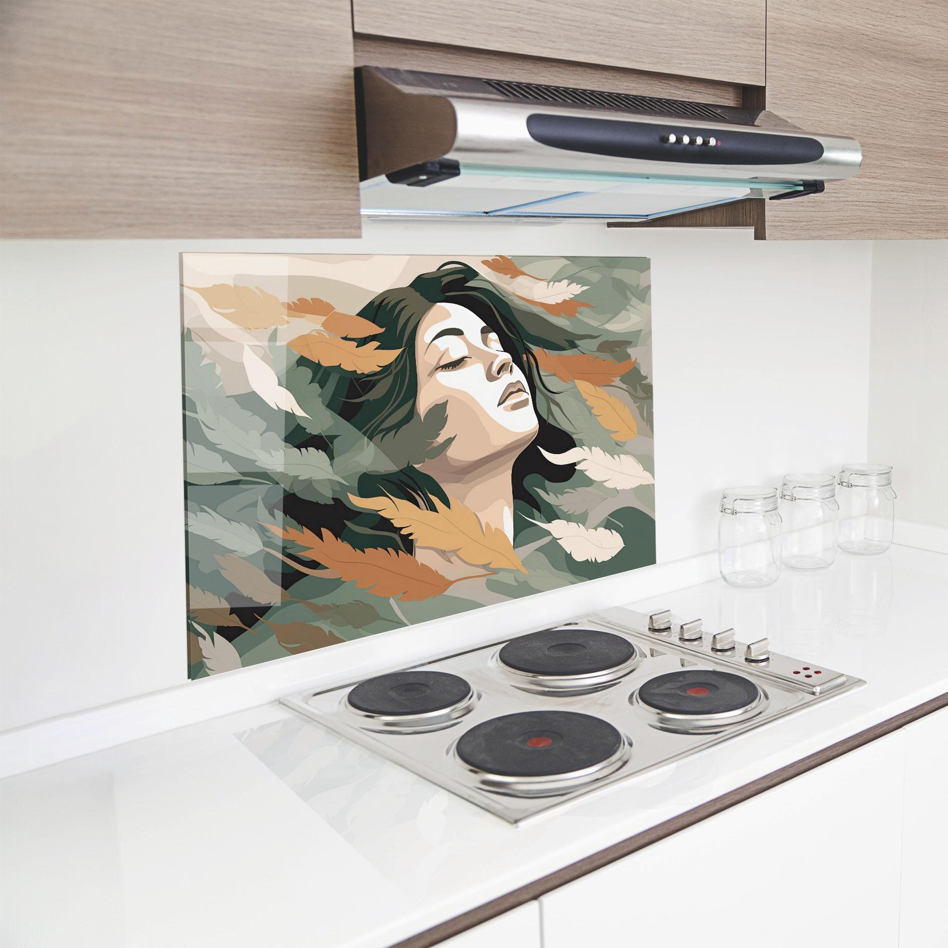 Konyhai üveg hátfal Dreamy Feather Female mockup 8