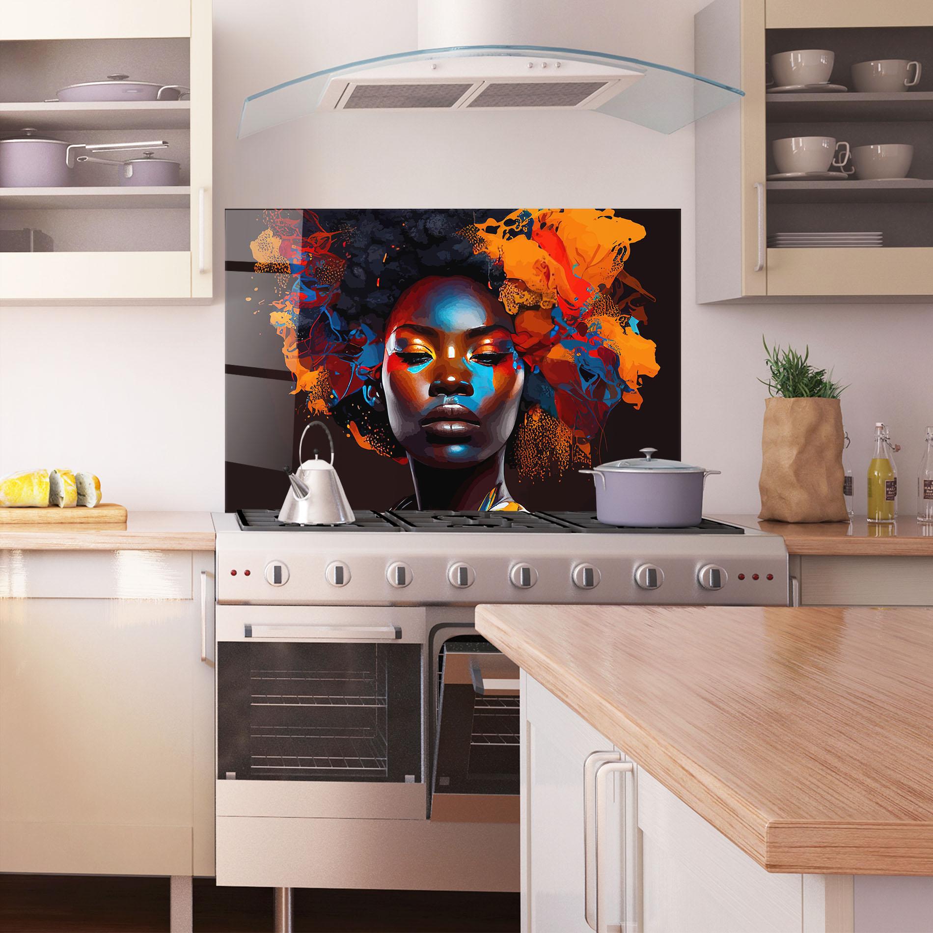 Konyhai üveg hátfal Africat Yellow Hair mockup 1
