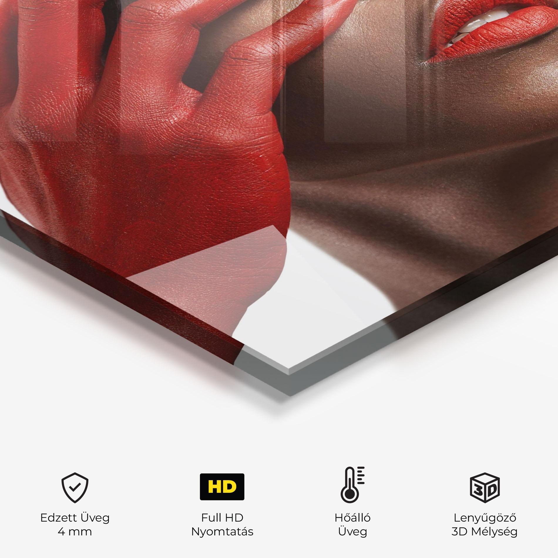 Konyhai üveg hátfal Red Hands Woman mockup 2