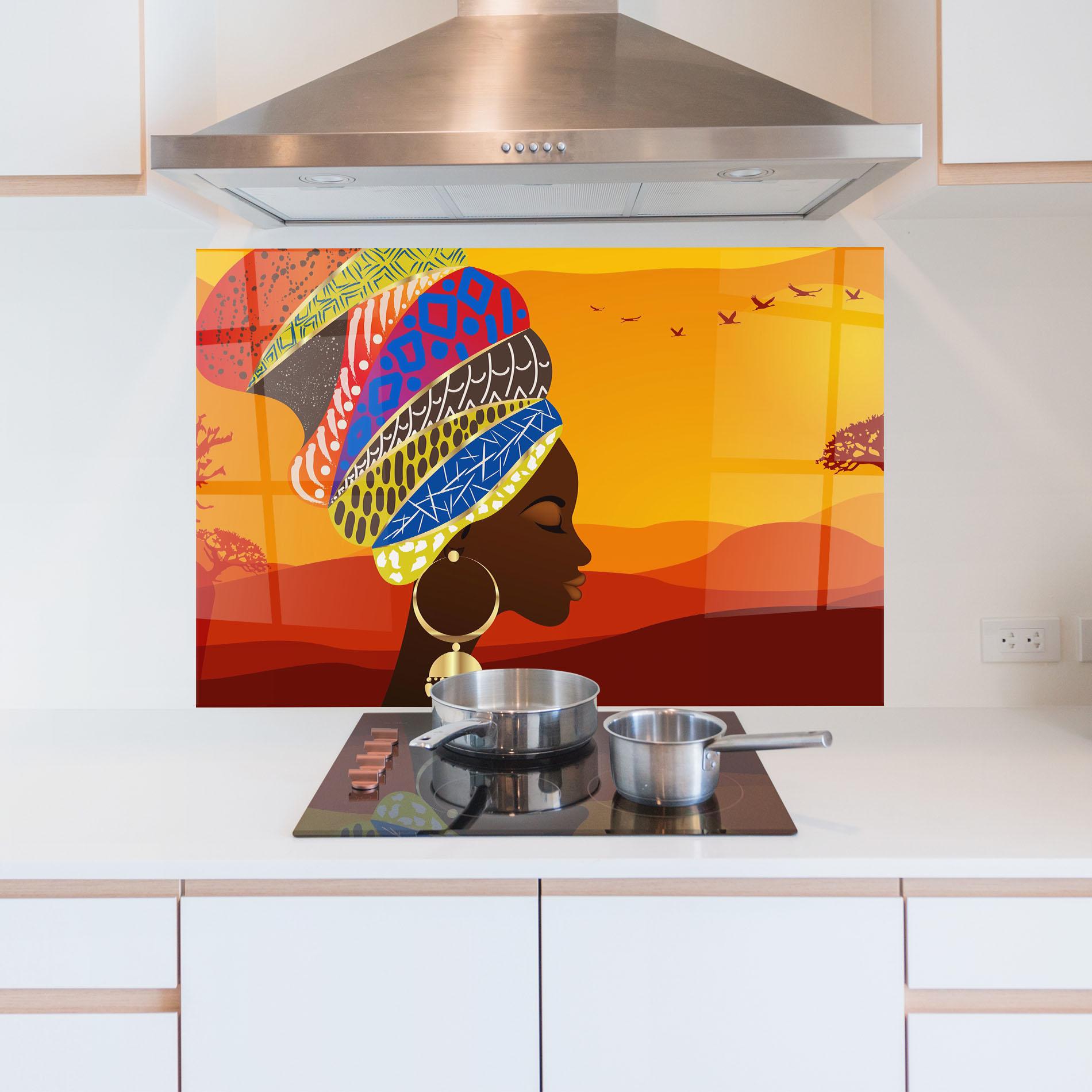Konyhai üveg hátfal African View Woman mockup 5