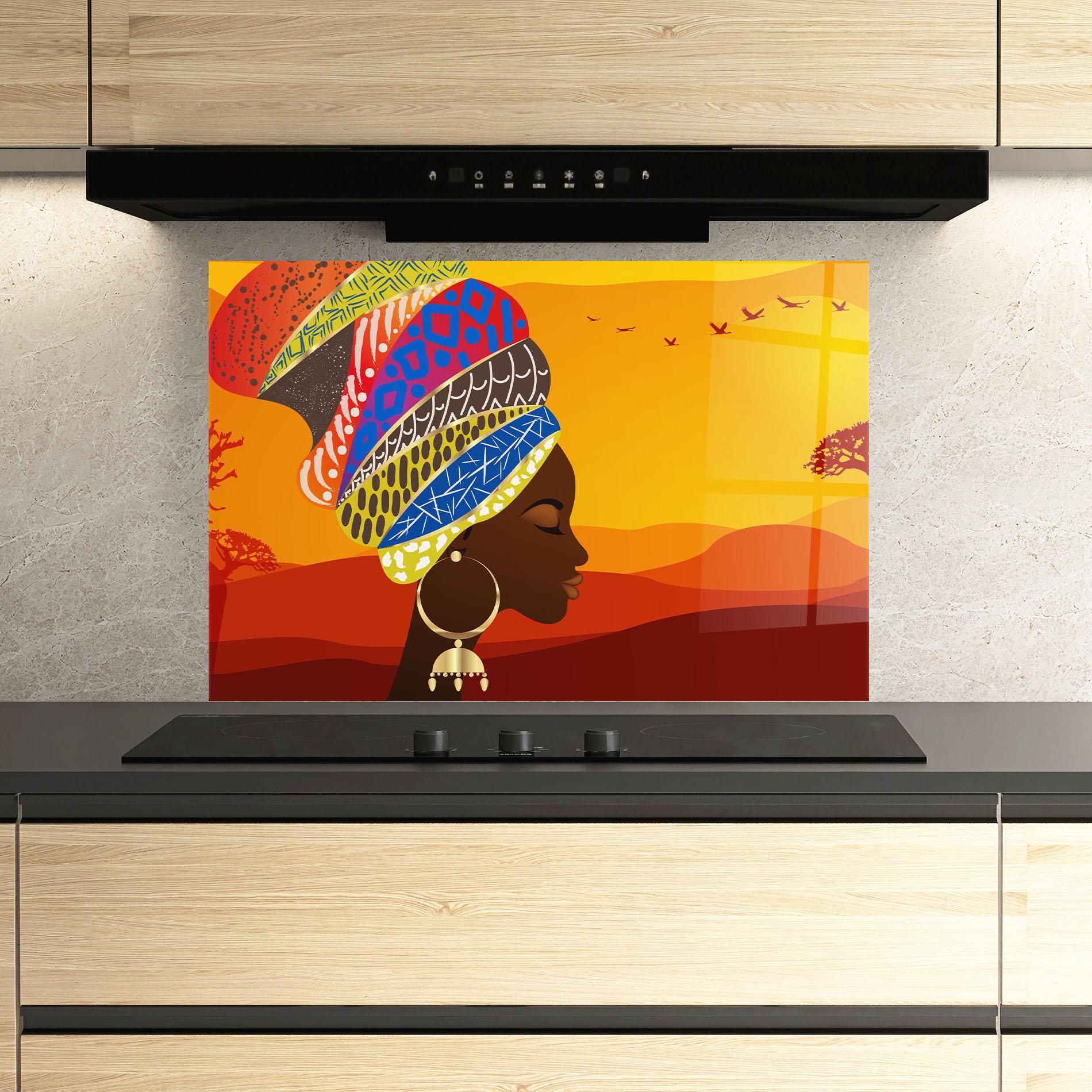 Konyhai üveg hátfal African View Woman mockup 3