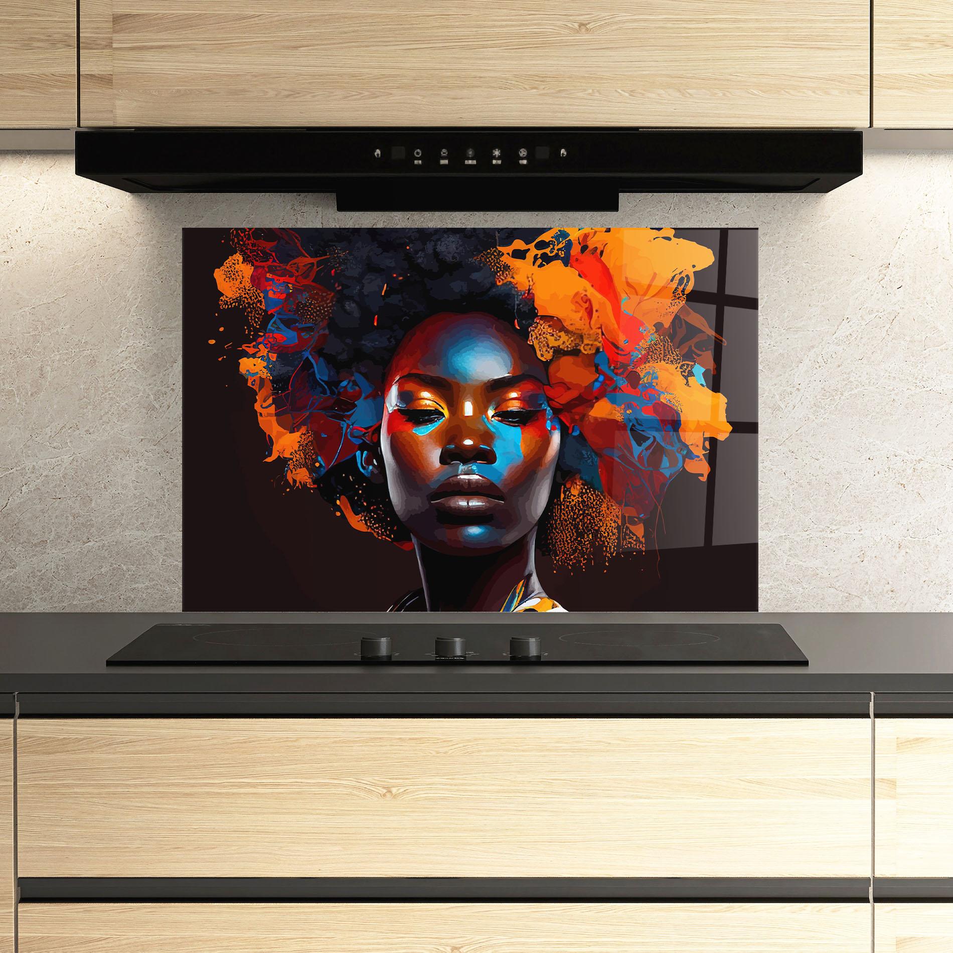 Konyhai üveg hátfal Africat Yellow Hair mockup 3