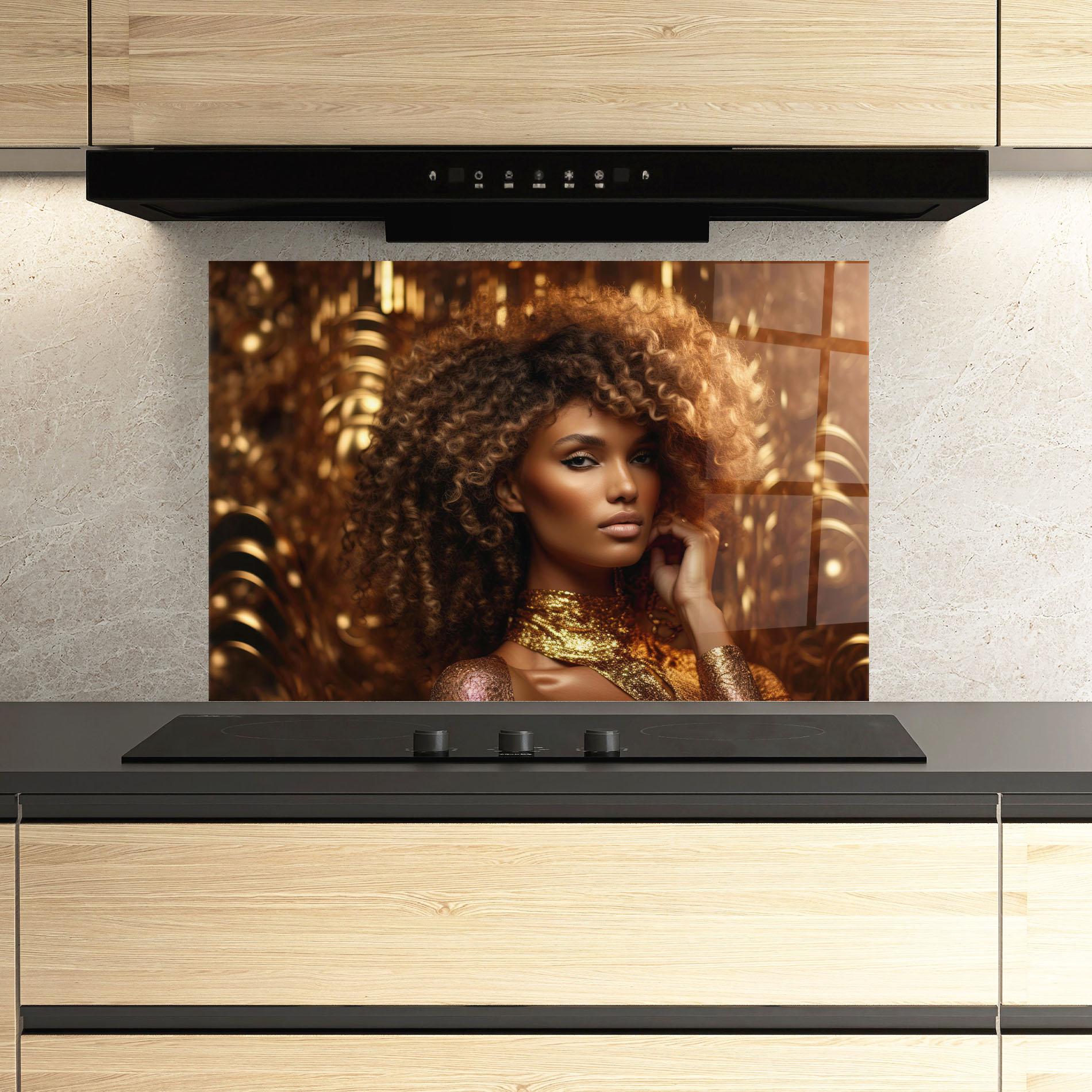 Konyhai üveg hátfal Radiant Bronze Goddess mockup 3