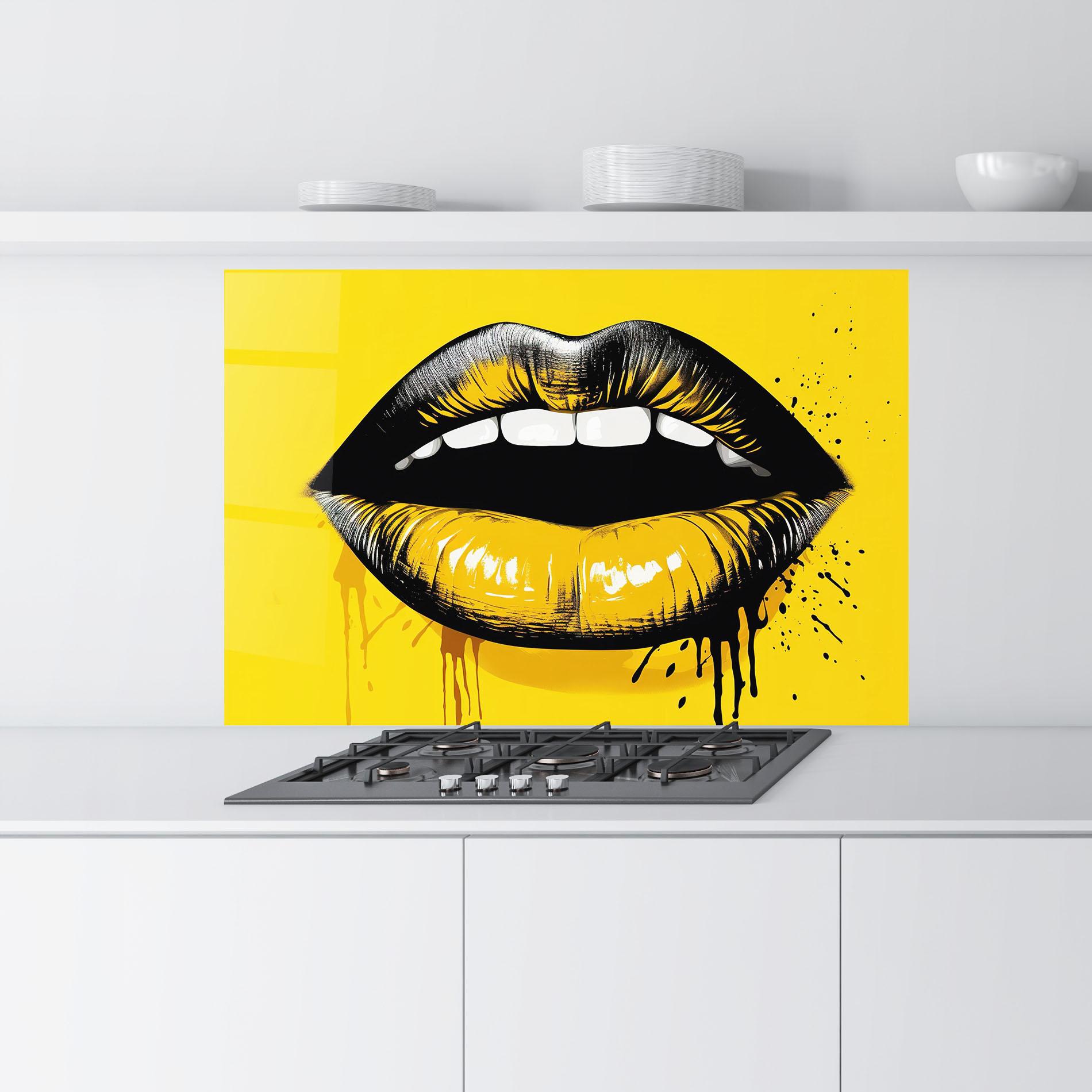 Konyhai üveg hátfal Black Yellow Lips mockup 9