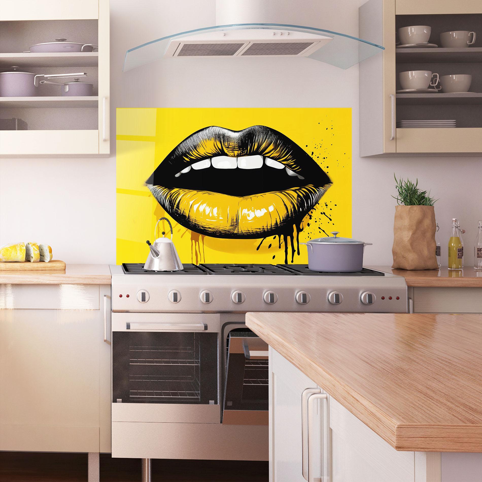 Konyhai üveg hátfal Black Yellow Lips mockup 1