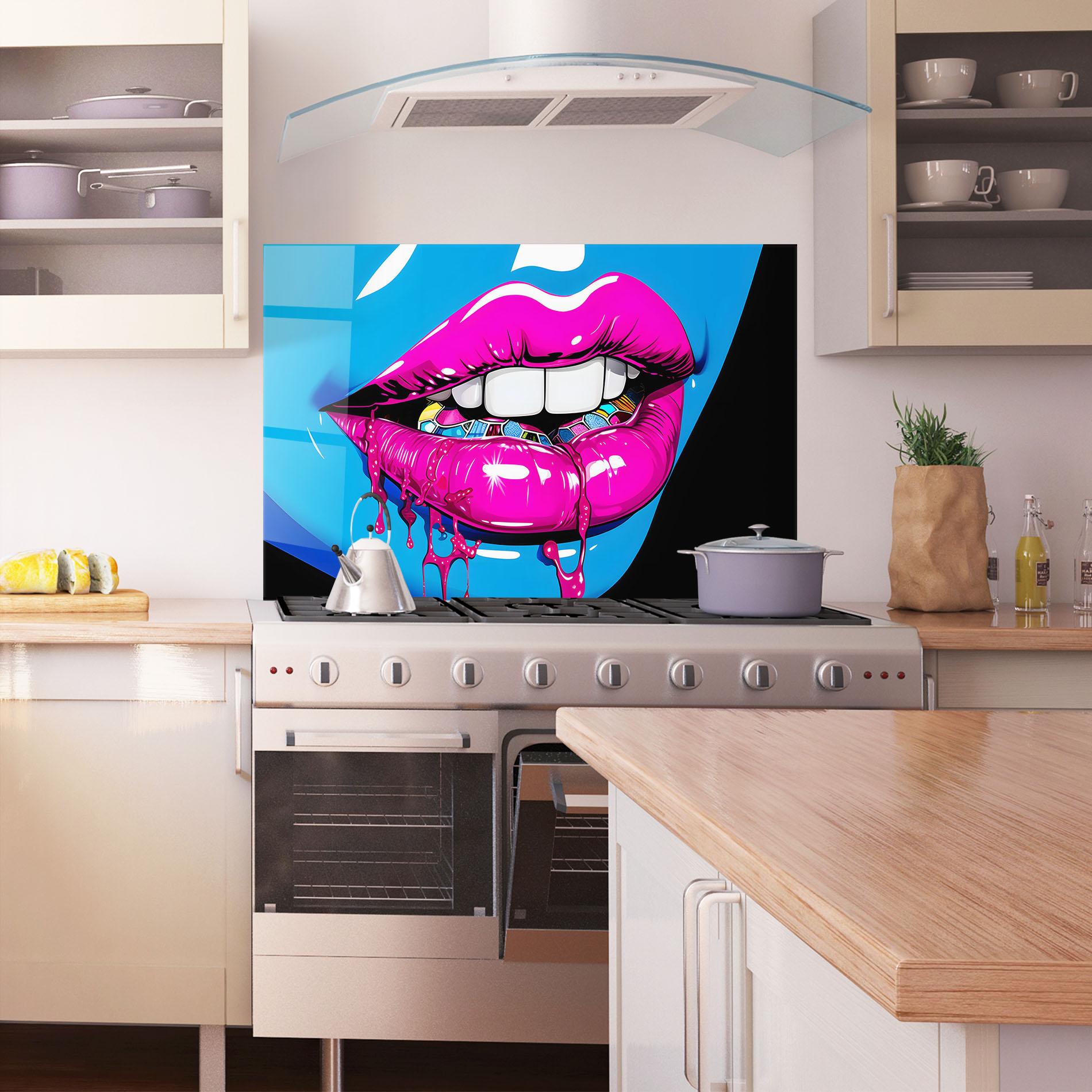 Konyhai üveg hátfal Blue Pink Lips Art mockup 1