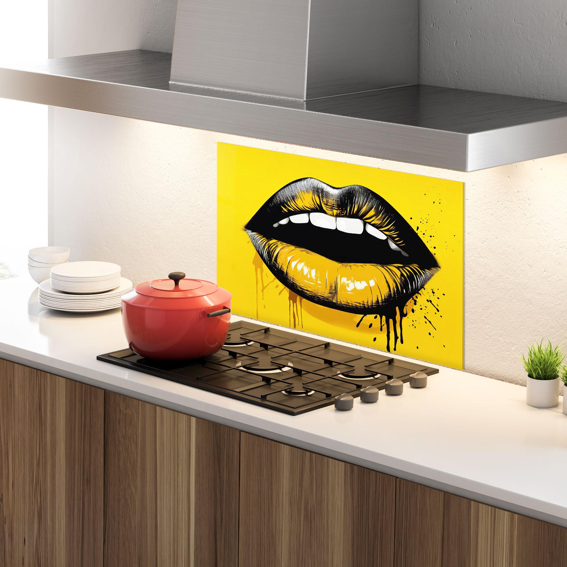 Konyhai üveg hátfal Black Yellow Lips mockup 4