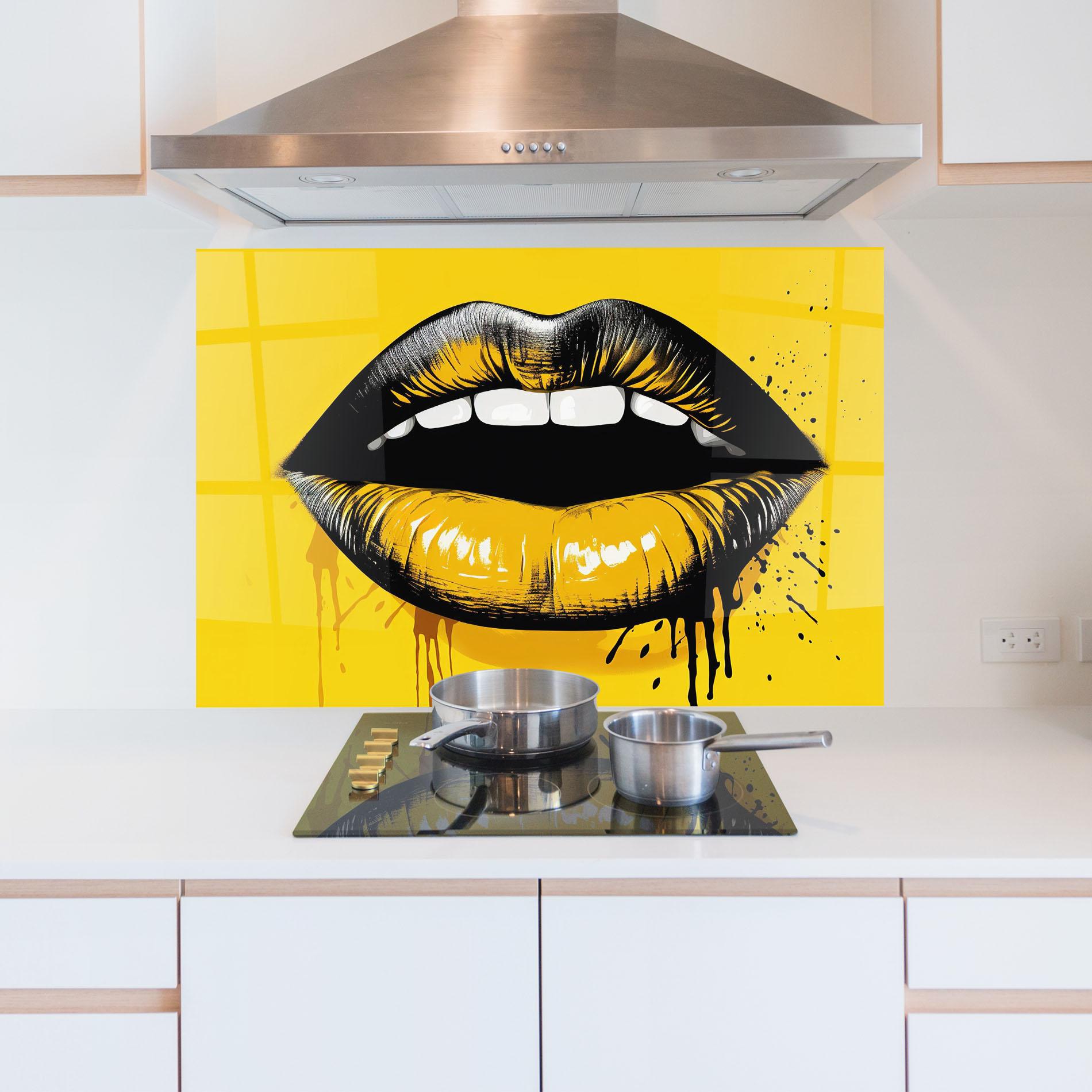 Konyhai üveg hátfal Black Yellow Lips mockup 5
