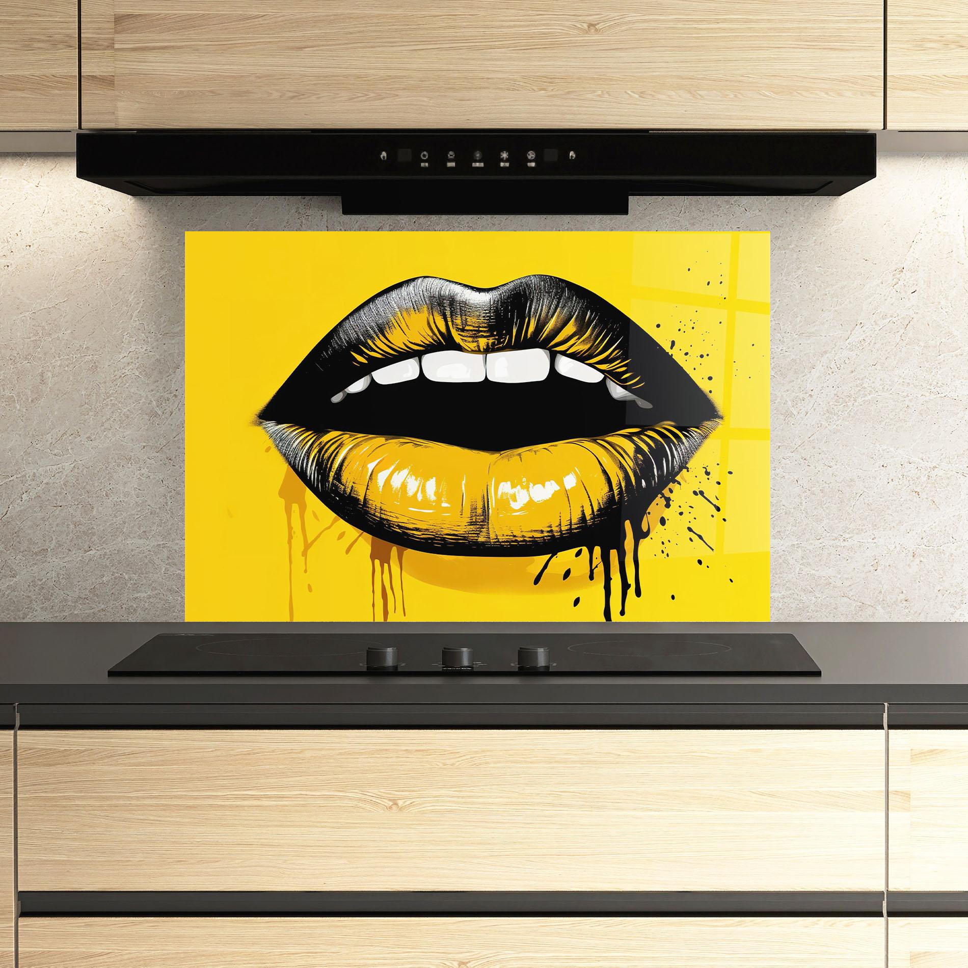 Konyhai üveg hátfal Black Yellow Lips mockup 3