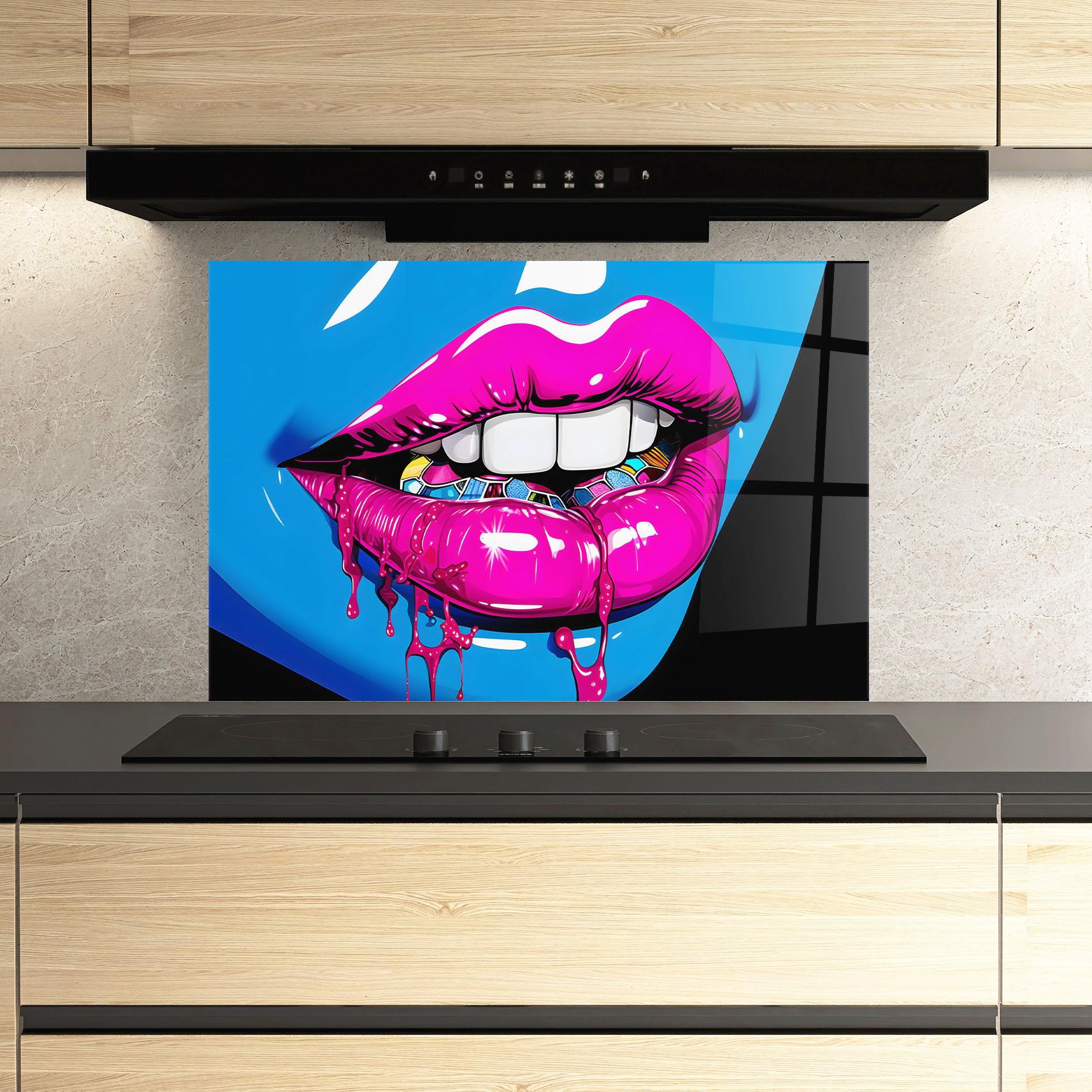 Konyhai üveg hátfal Blue Pink Lips Art mockup 3