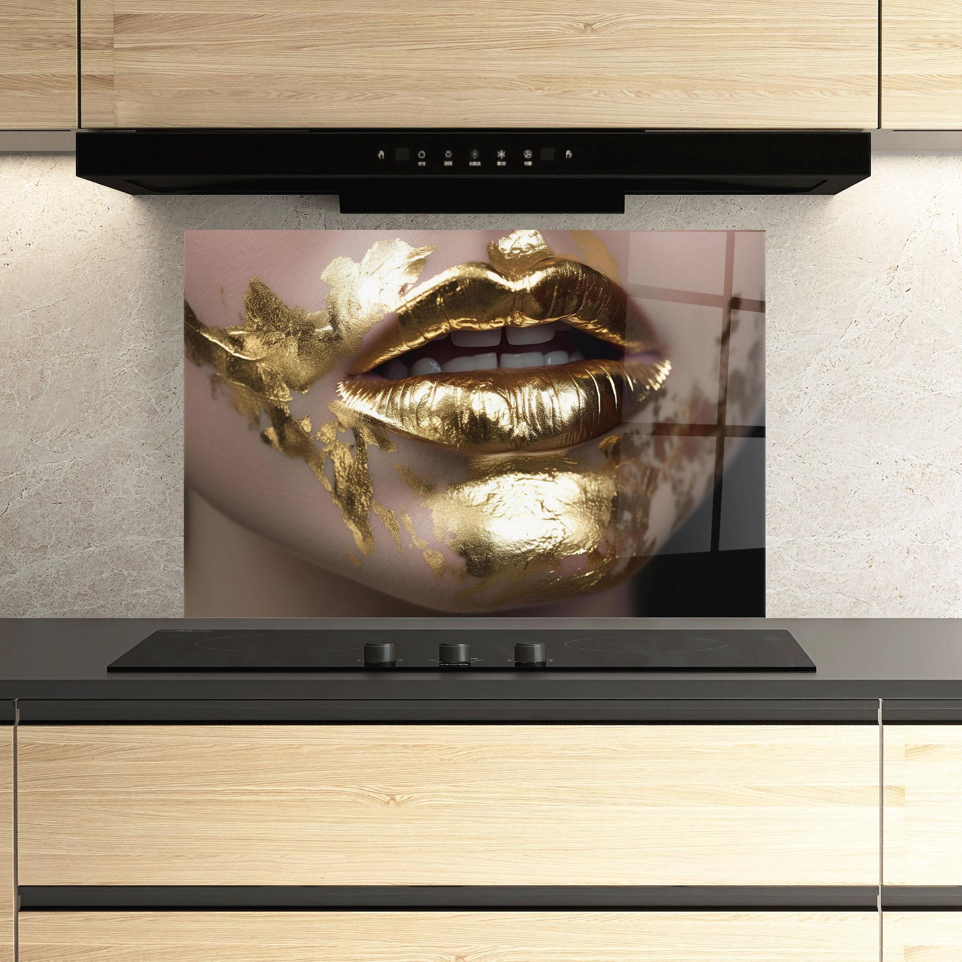 Konyhai üveg hátfal Gold Open Lips mockup 3