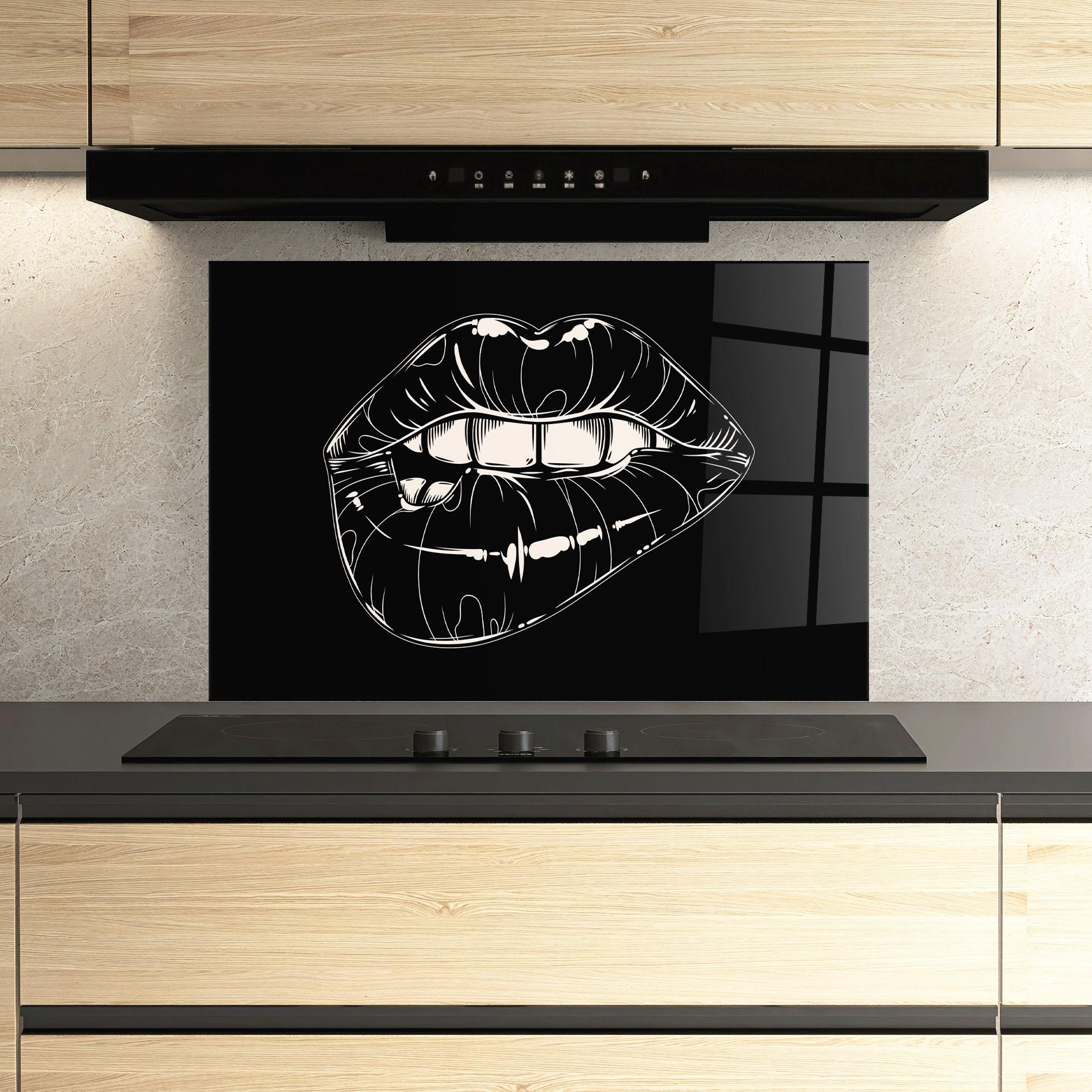 Konyhai üveg hátfal Lips On Black Art mockup 3