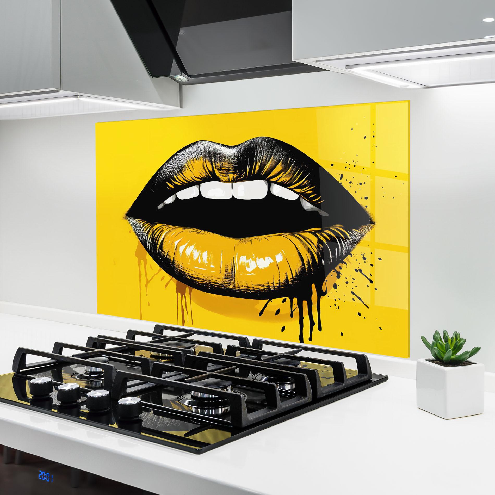 Konyhai üveg hátfal Black Yellow Lips mockup 6