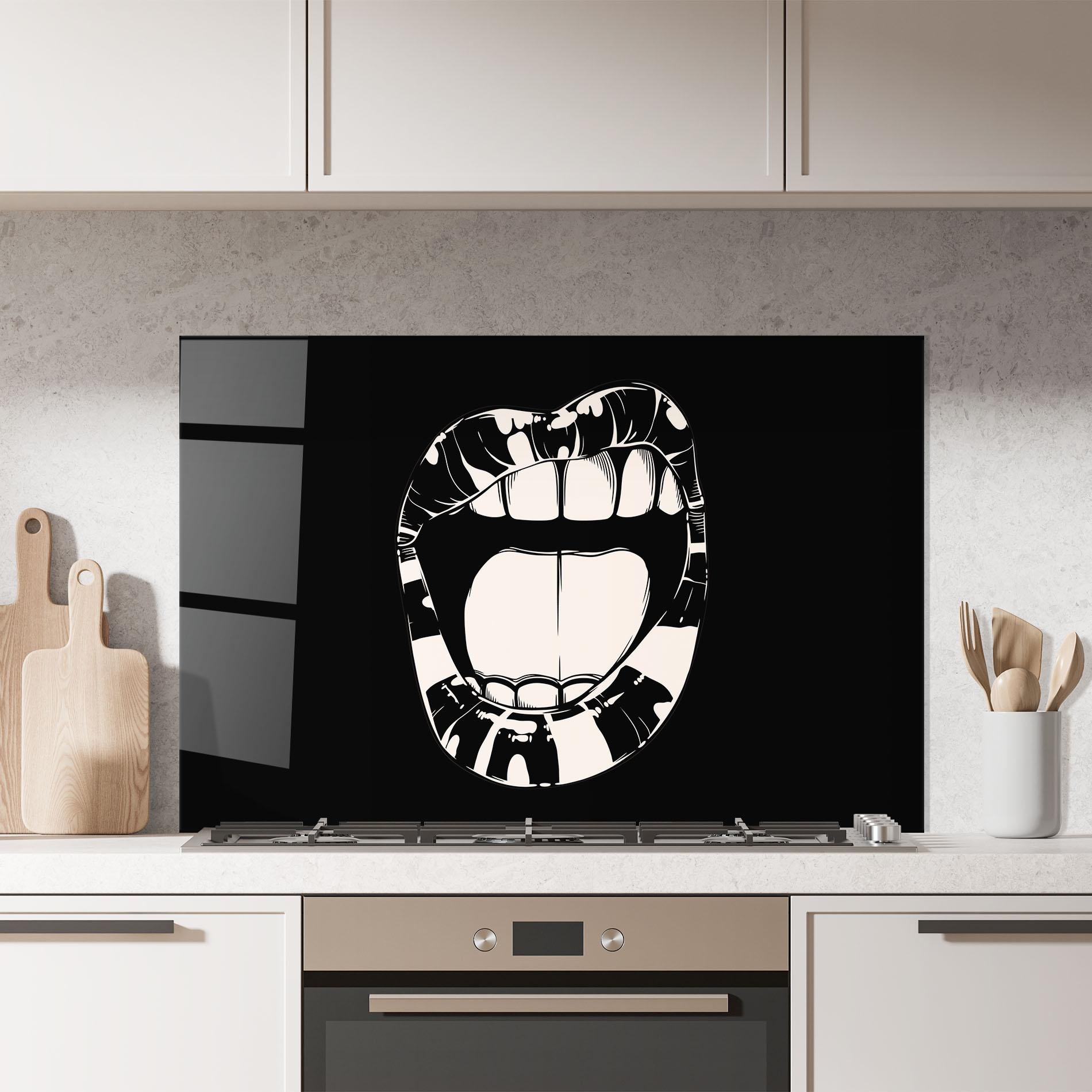 Konyhai üveg hátfal Big Lips On Black mockup 7