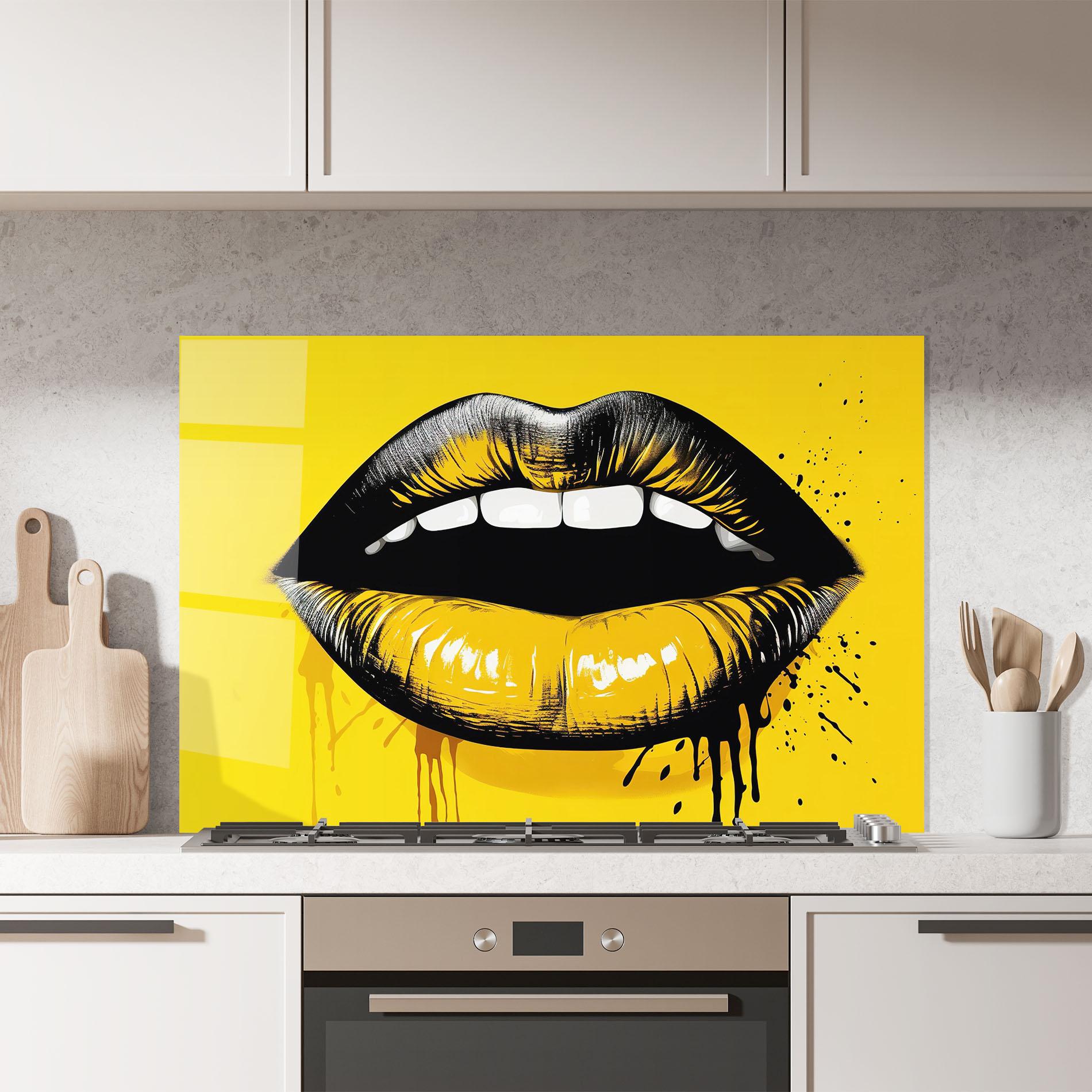 Konyhai üveg hátfal Black Yellow Lips mockup 7