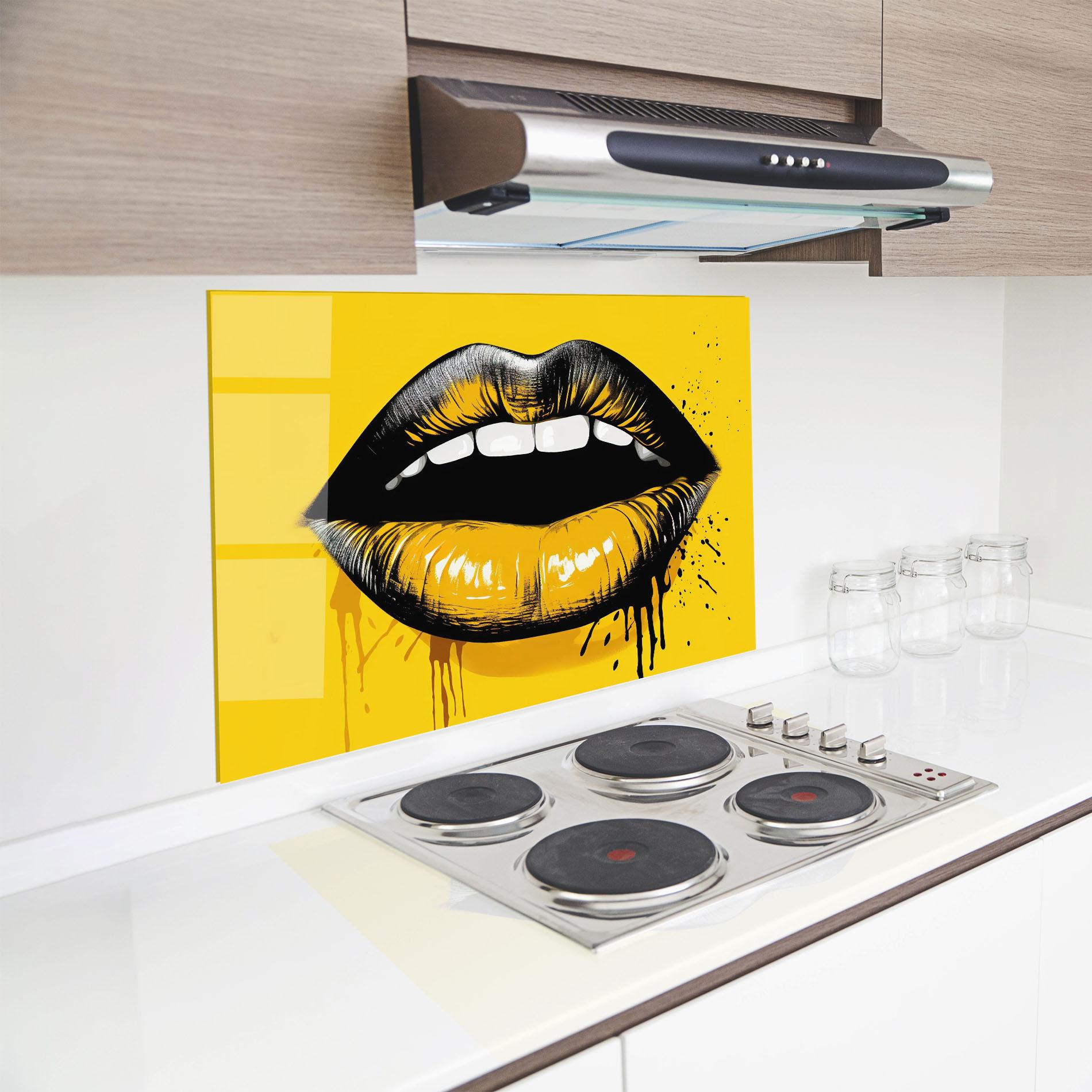 Konyhai üveg hátfal Black Yellow Lips mockup 8
