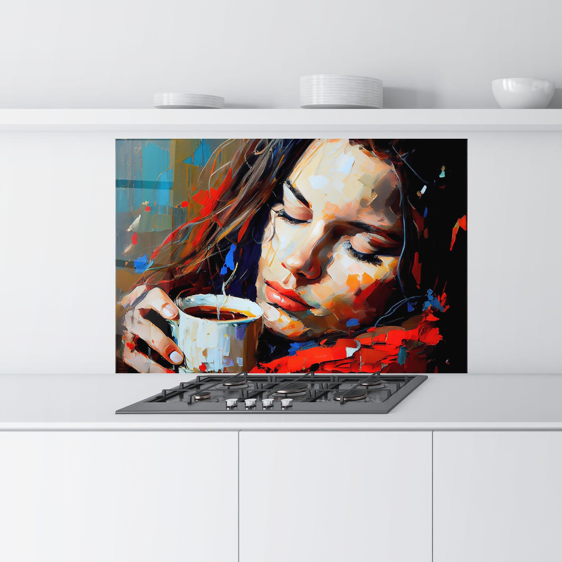 Konyhai üveg hátfal Abstract Woman Coffee mockup 9