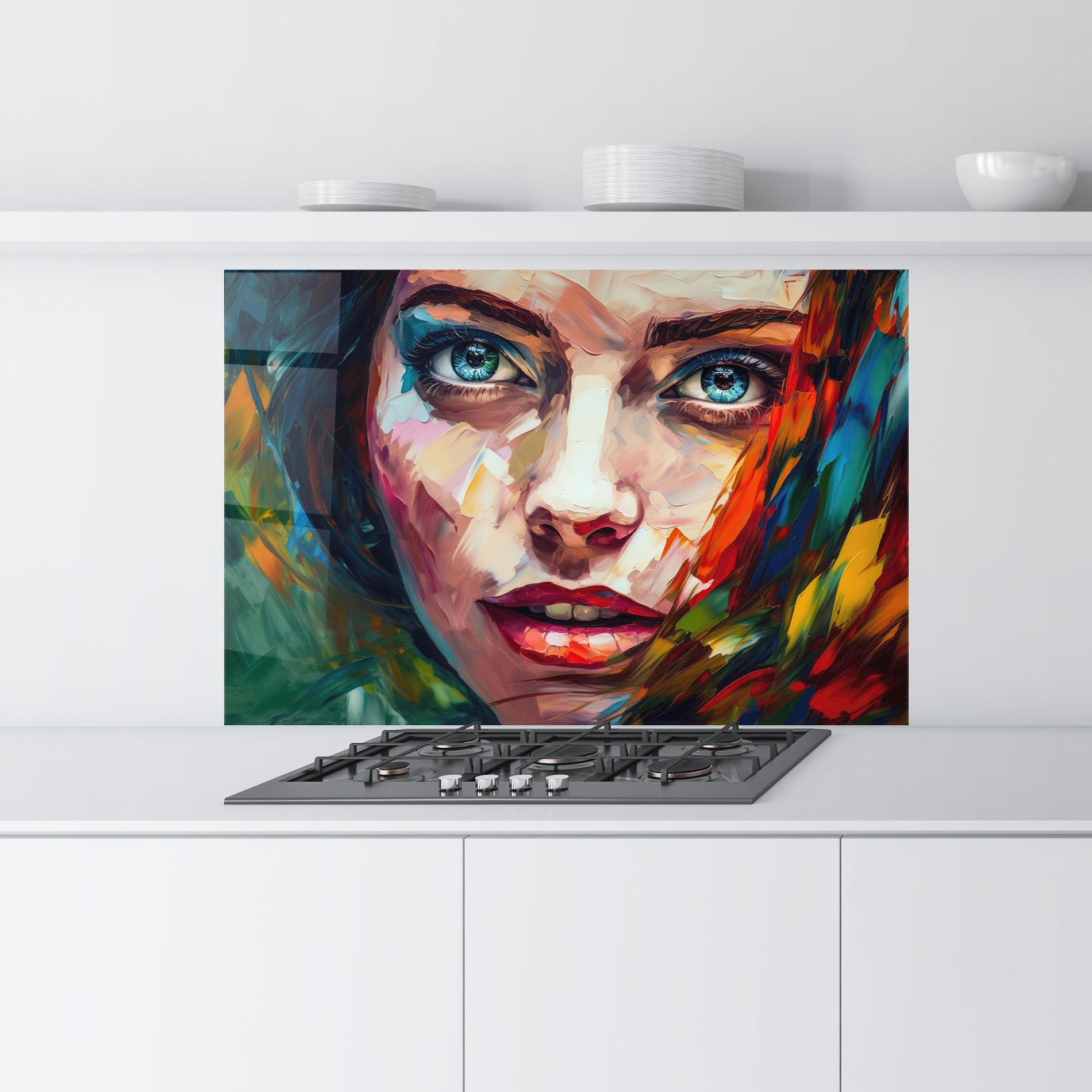 Konyhai üveg hátfal Intense Blue Eyes Woman mockup 9