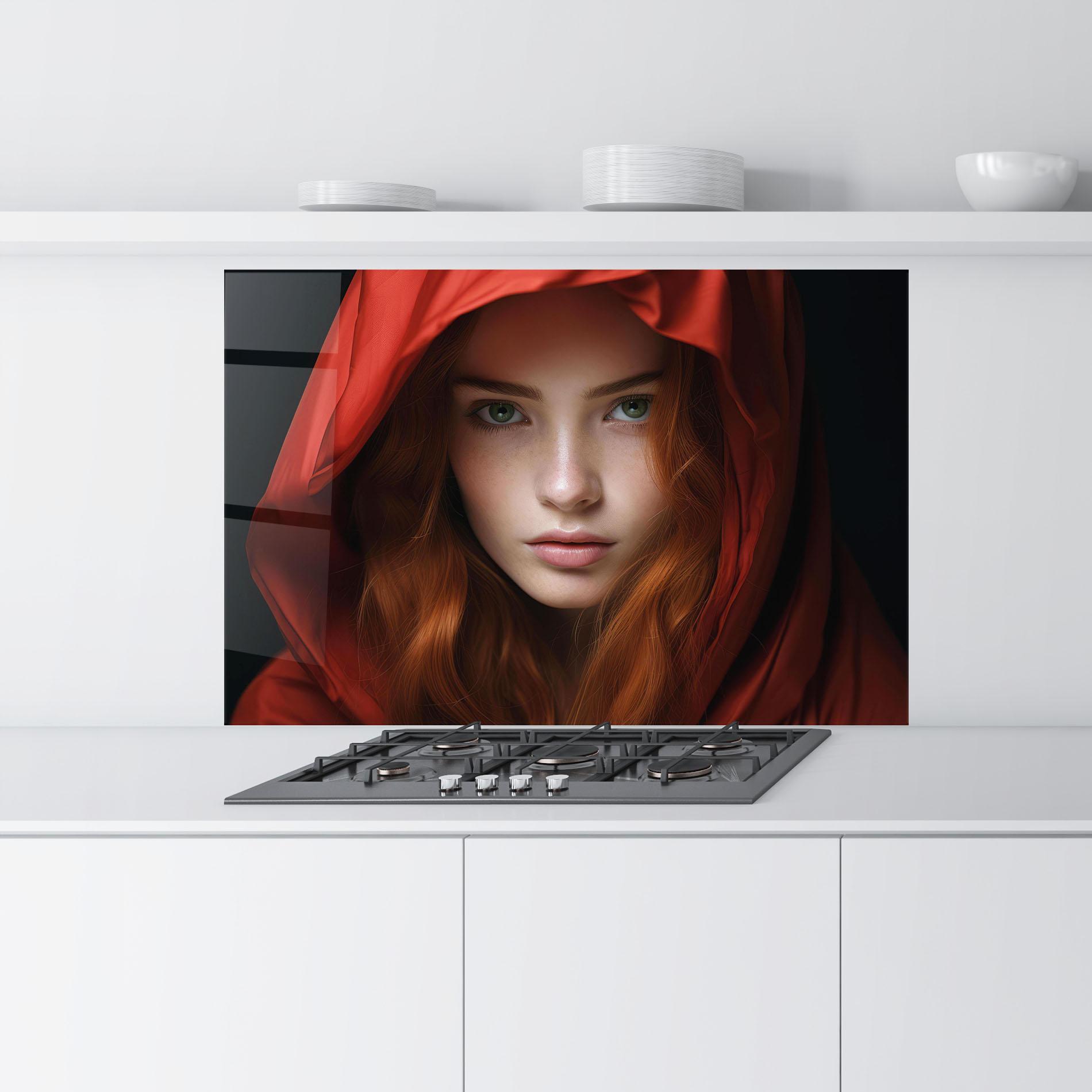 Konyhai üveg hátfal Red Hood Portrait mockup 9