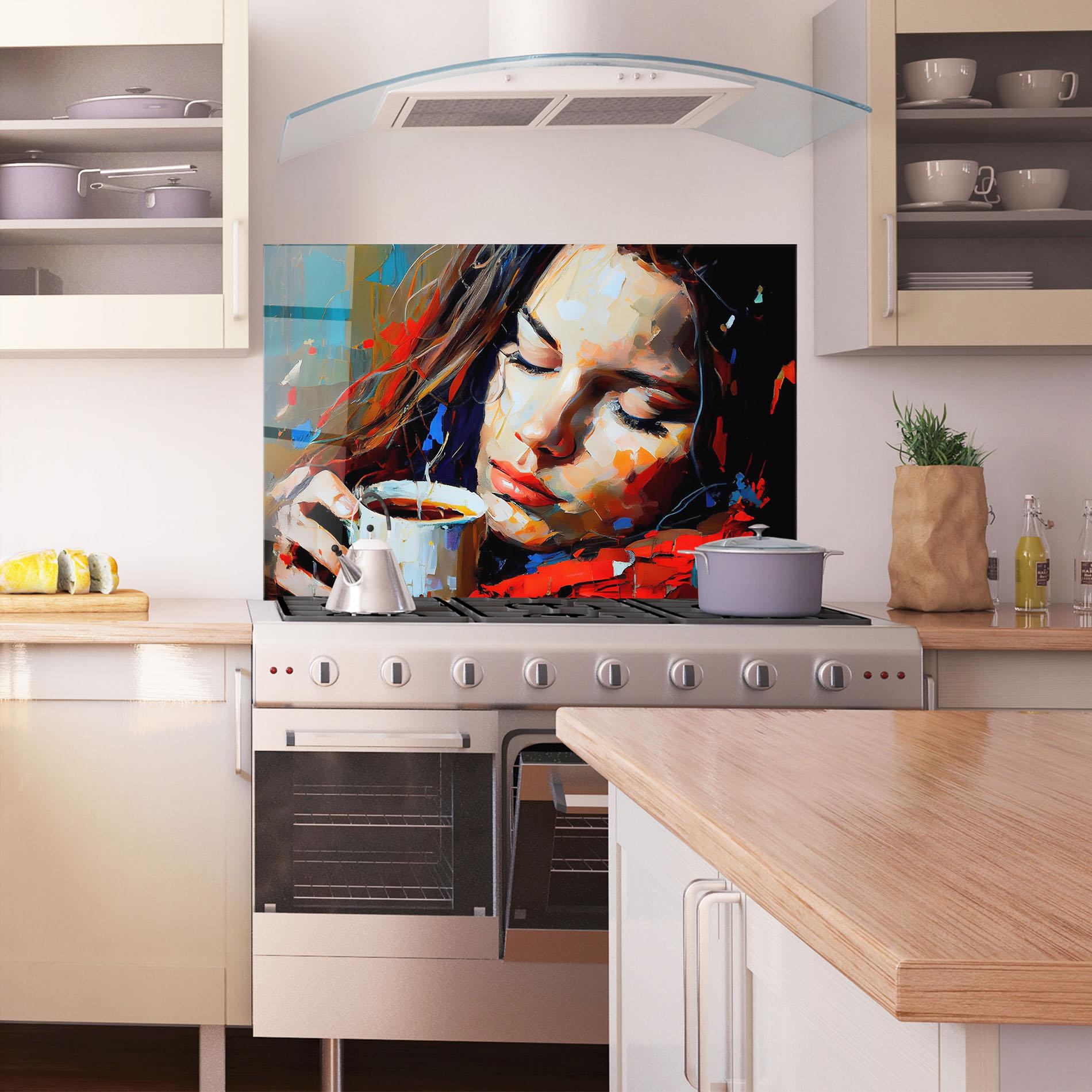 Konyhai üveg hátfal Abstract Woman Coffee mockup 1