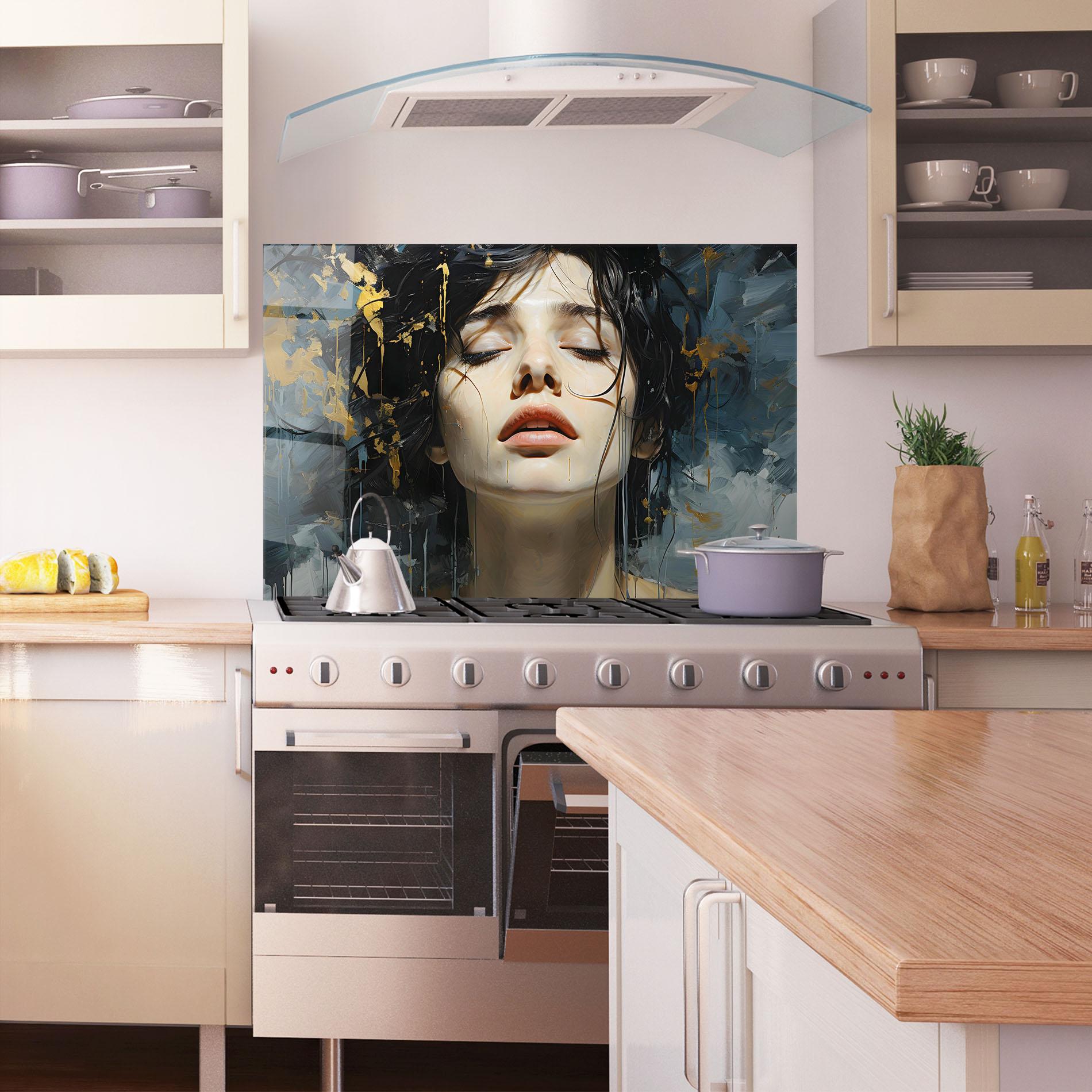 Konyhai üveg hátfal Closed Eyes Woman mockup 1