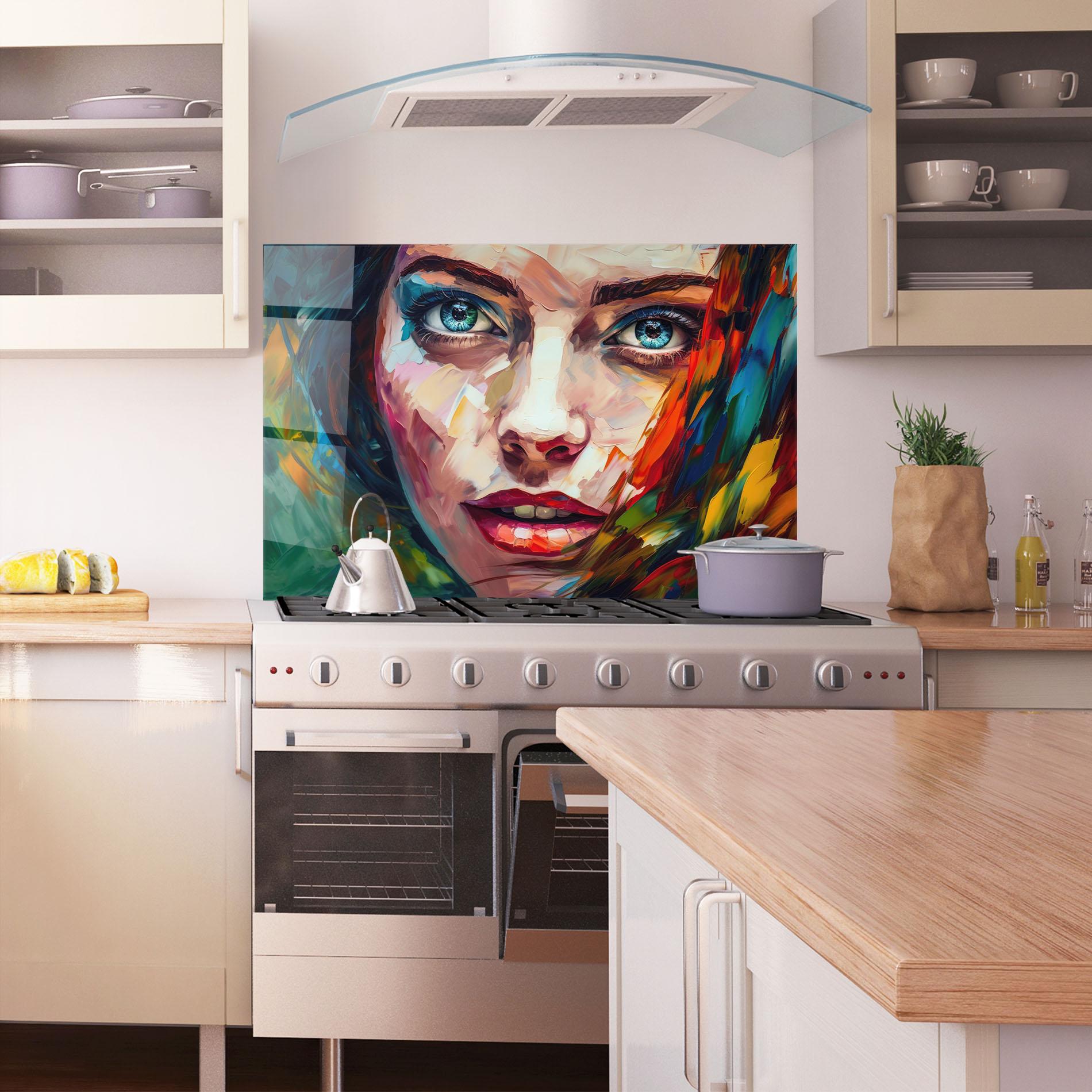 Konyhai üveg hátfal Intense Blue Eyes Woman mockup 1