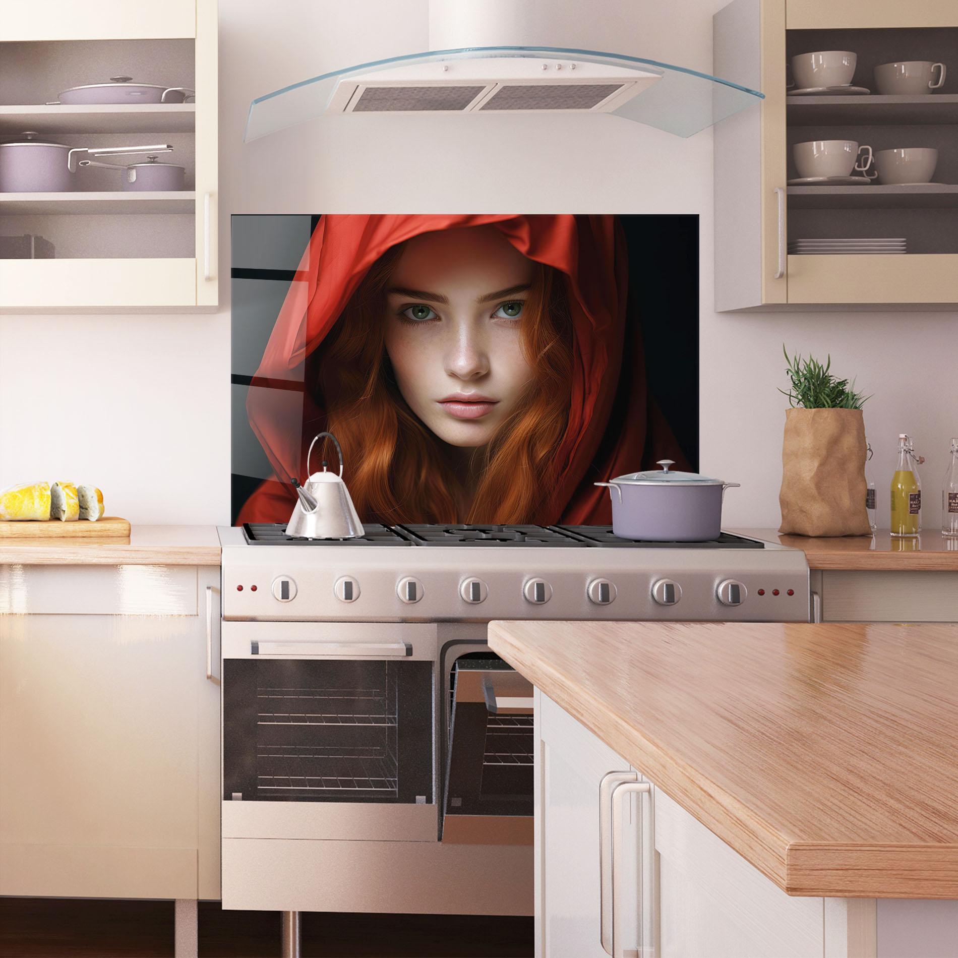 Konyhai üveg hátfal Red Hood Portrait mockup 1