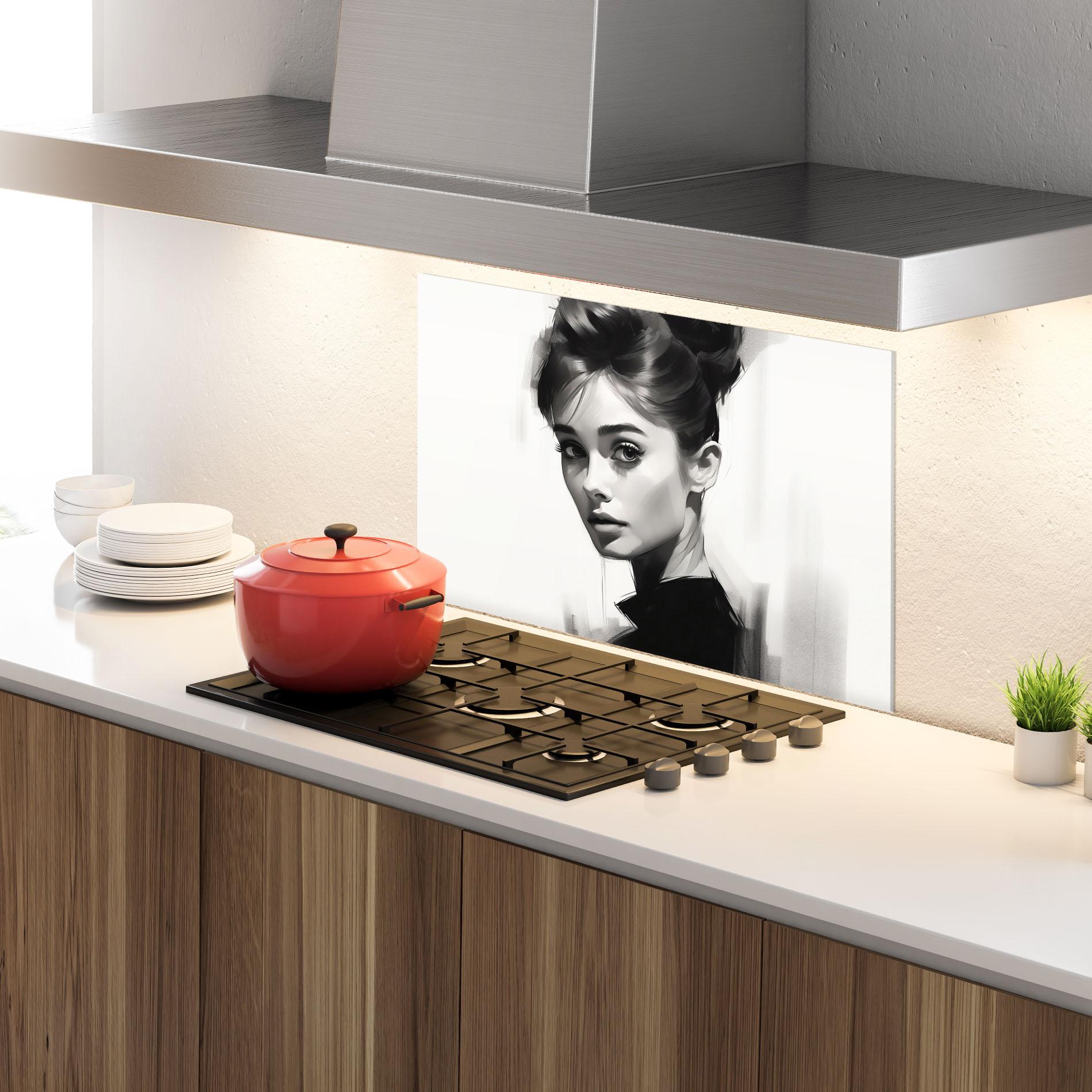 Konyhai üveg hátfal Hepburn Portrait mockup 4