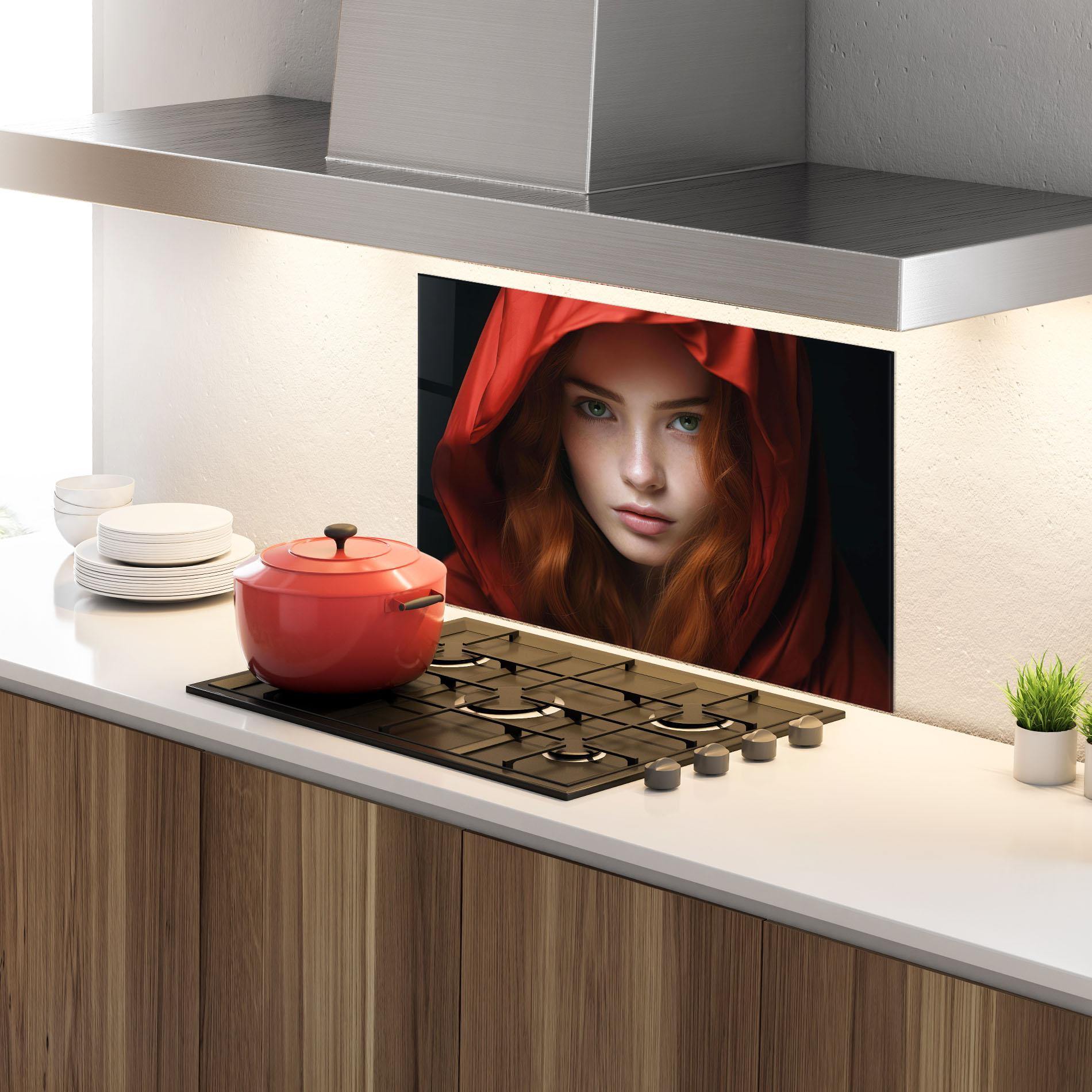 Konyhai üveg hátfal Red Hood Portrait mockup 4