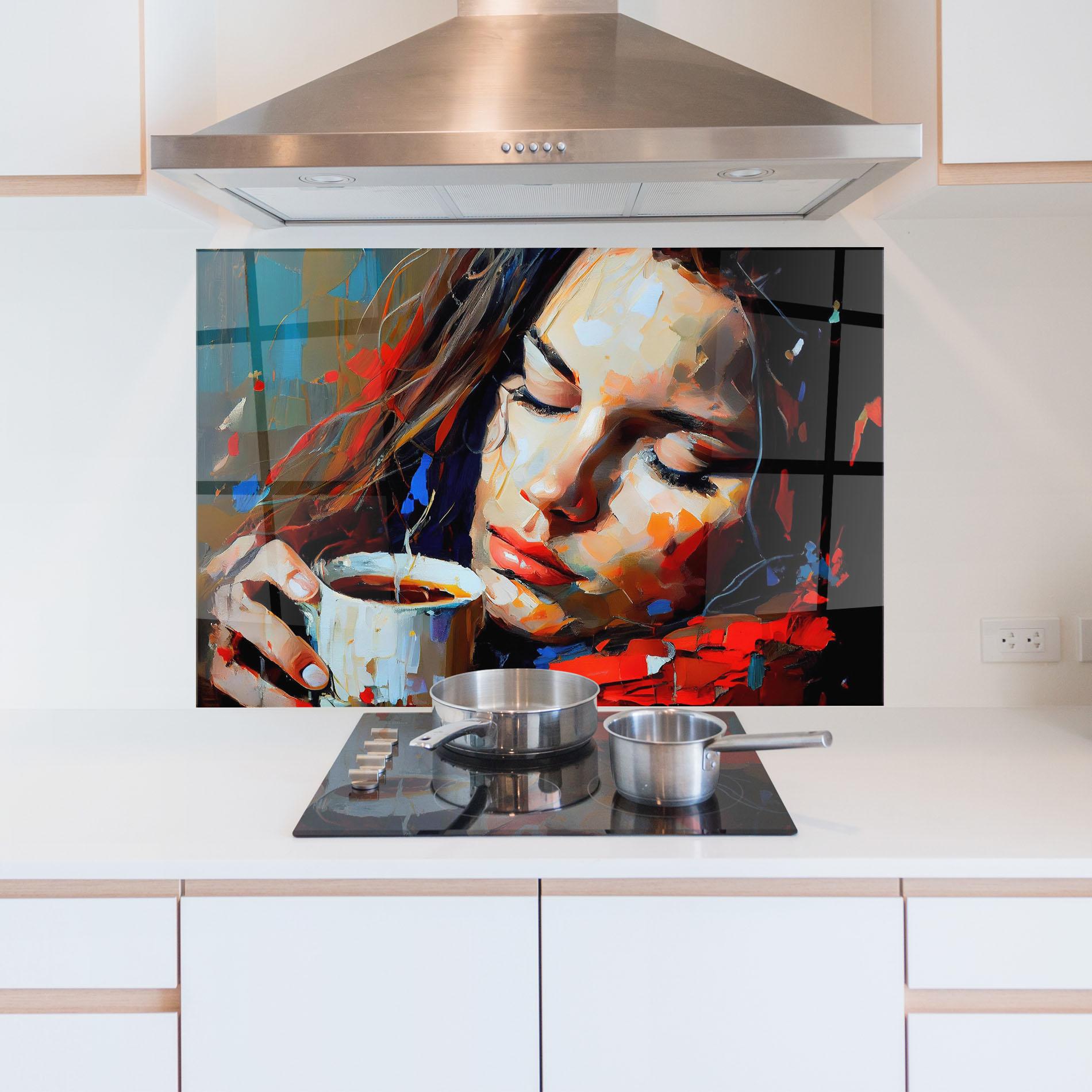 Konyhai üveg hátfal Abstract Woman Coffee mockup 5