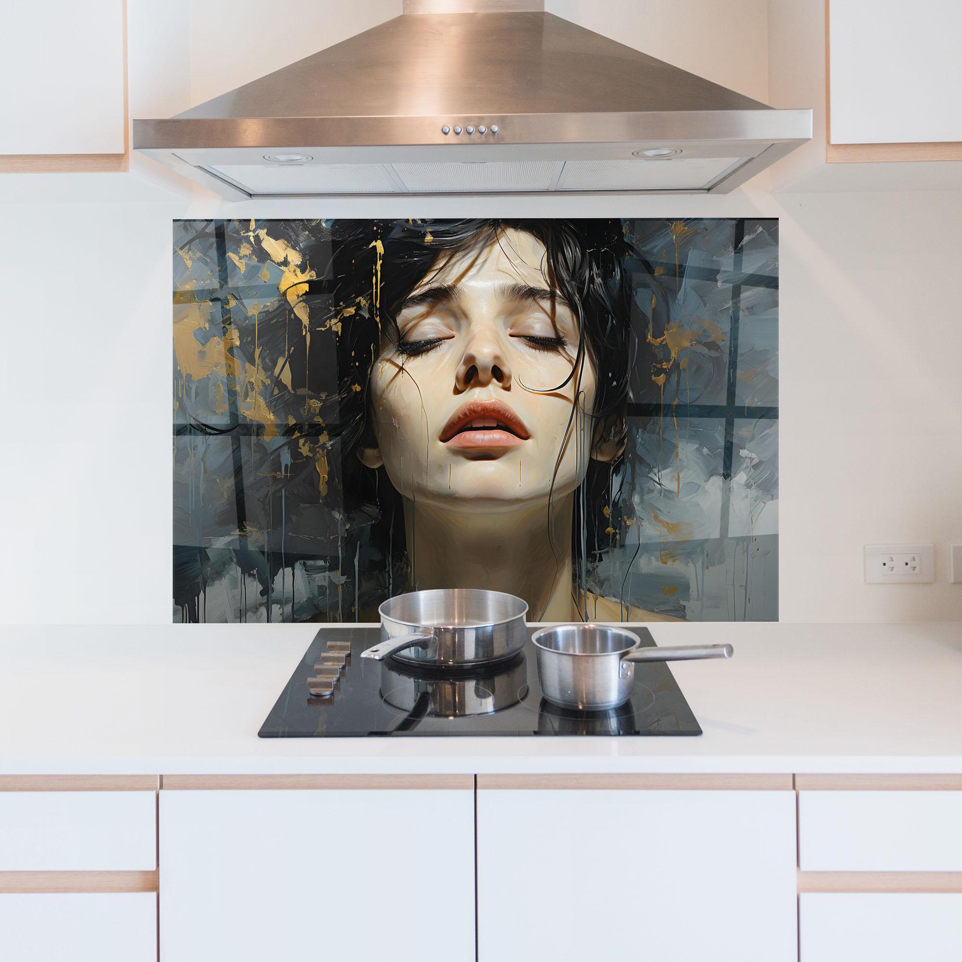 Konyhai üveg hátfal Closed Eyes Woman mockup 5