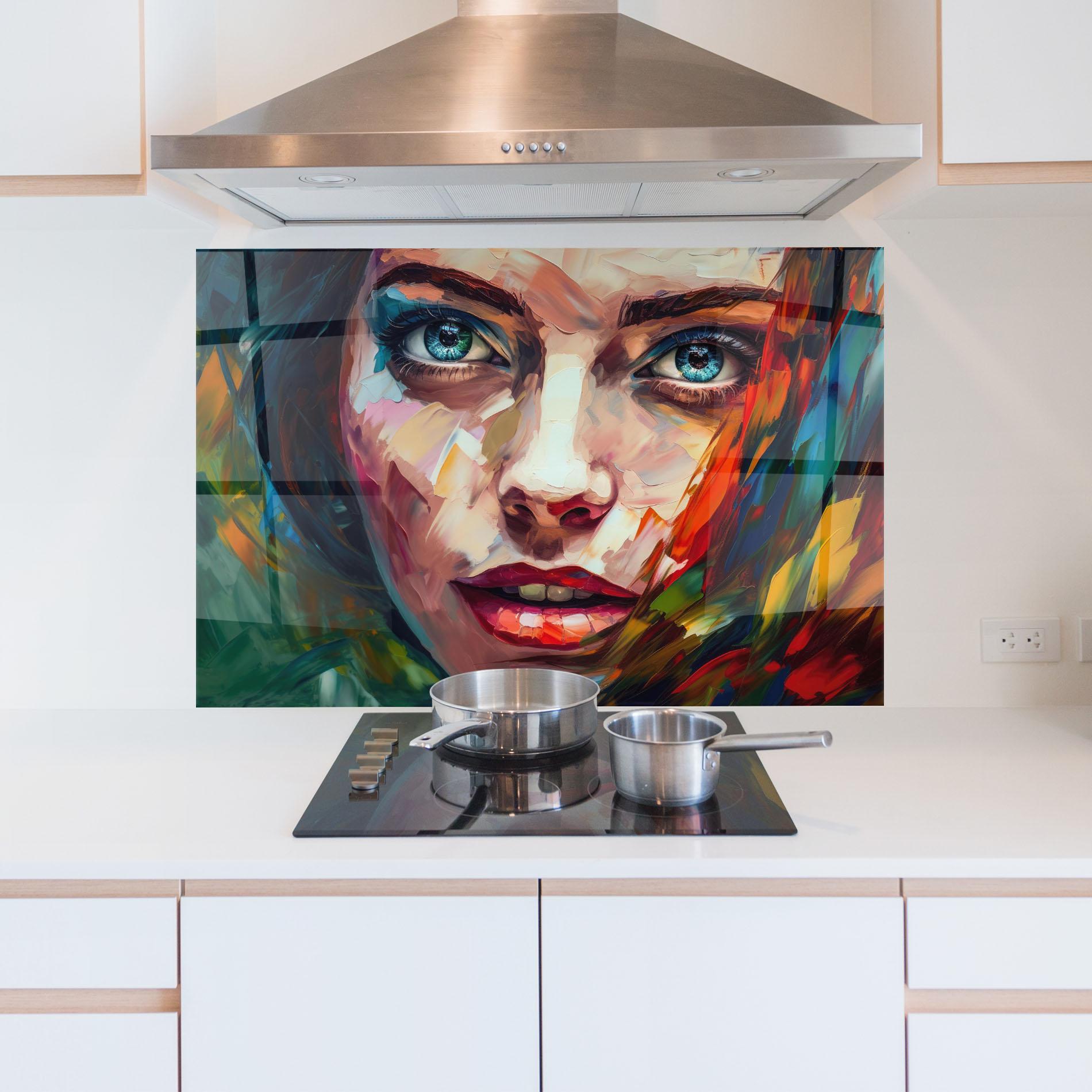 Konyhai üveg hátfal Intense Blue Eyes Woman mockup 5
