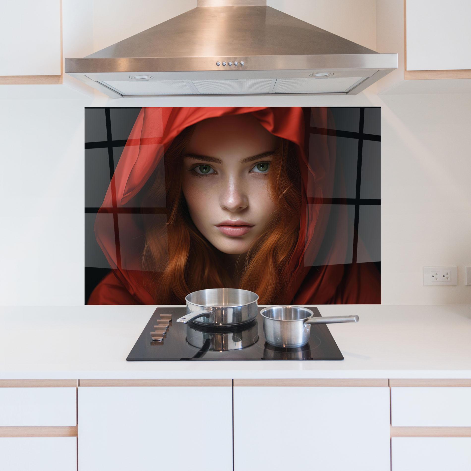 Konyhai üveg hátfal Red Hood Portrait mockup 5