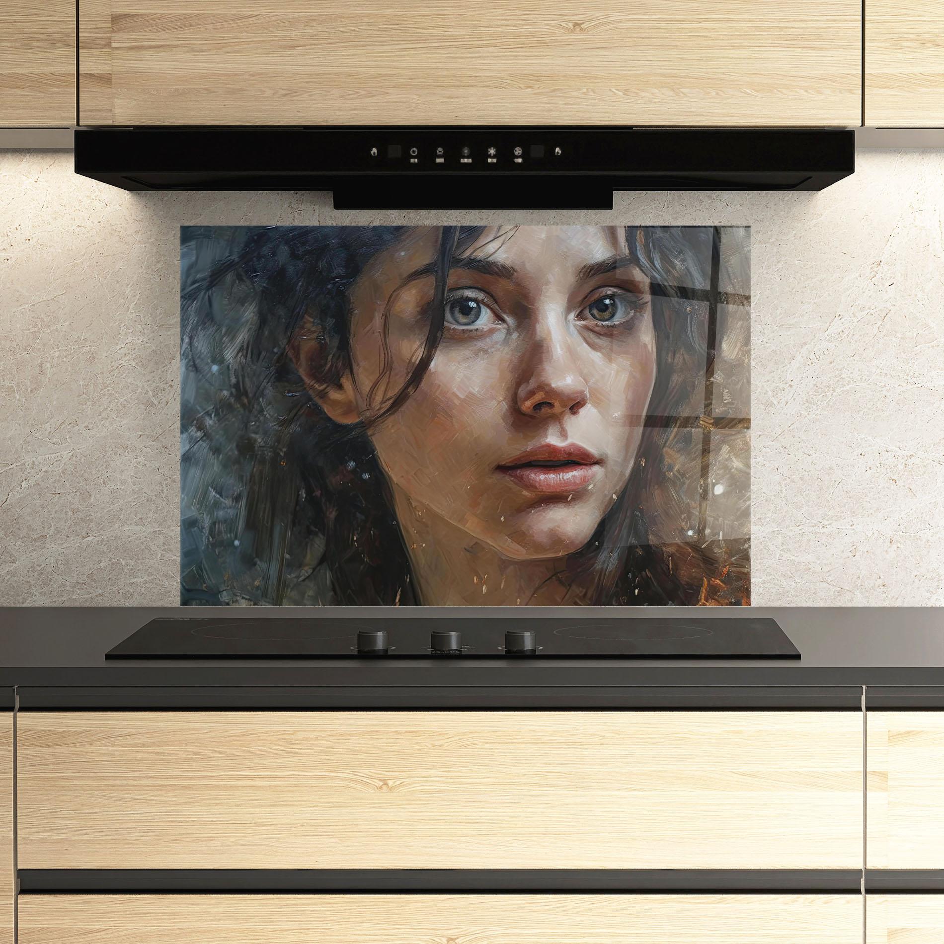 Konyhai üveg hátfal Closeup Darkhaired Woman mockup 3