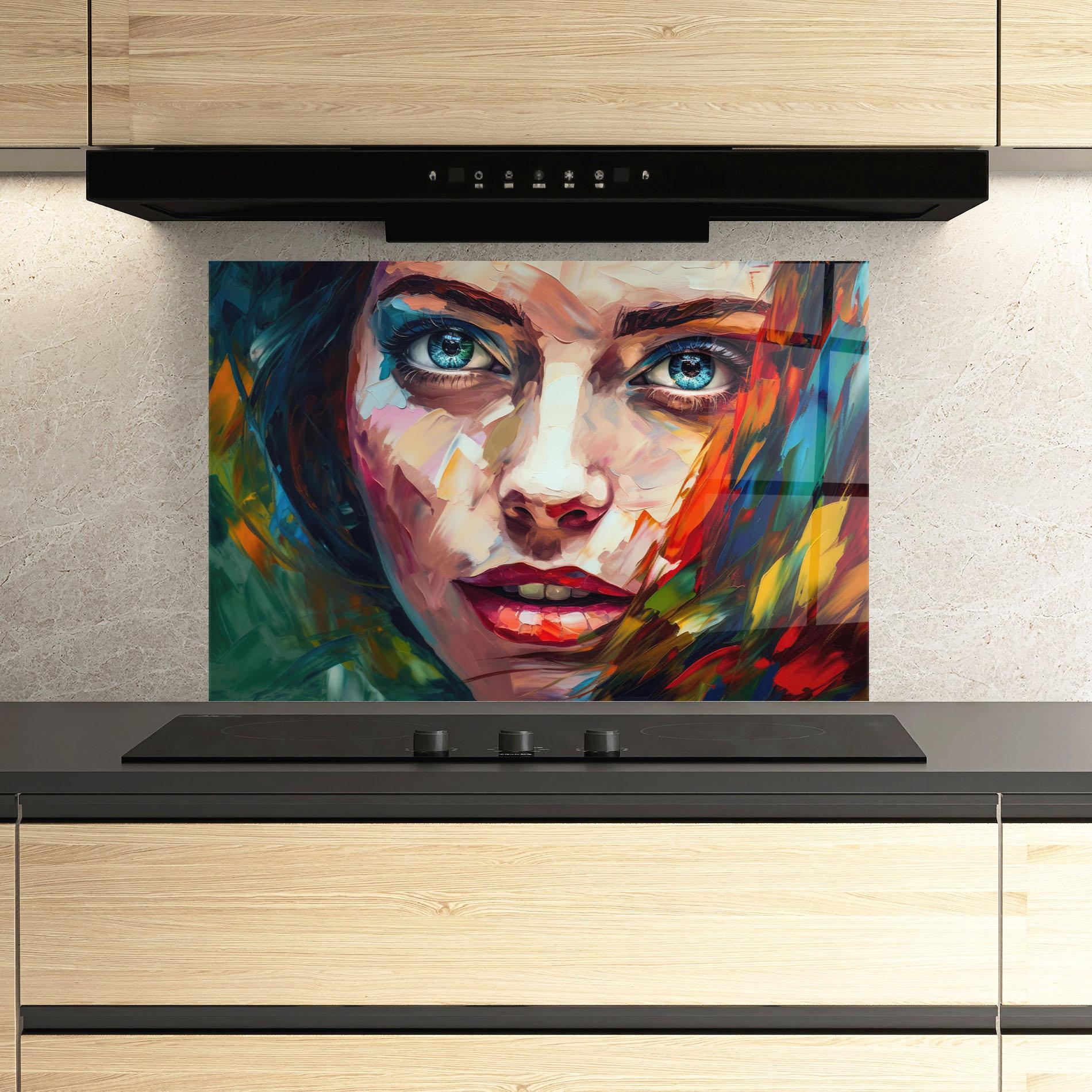 Konyhai üveg hátfal Intense Blue Eyes Woman mockup 3