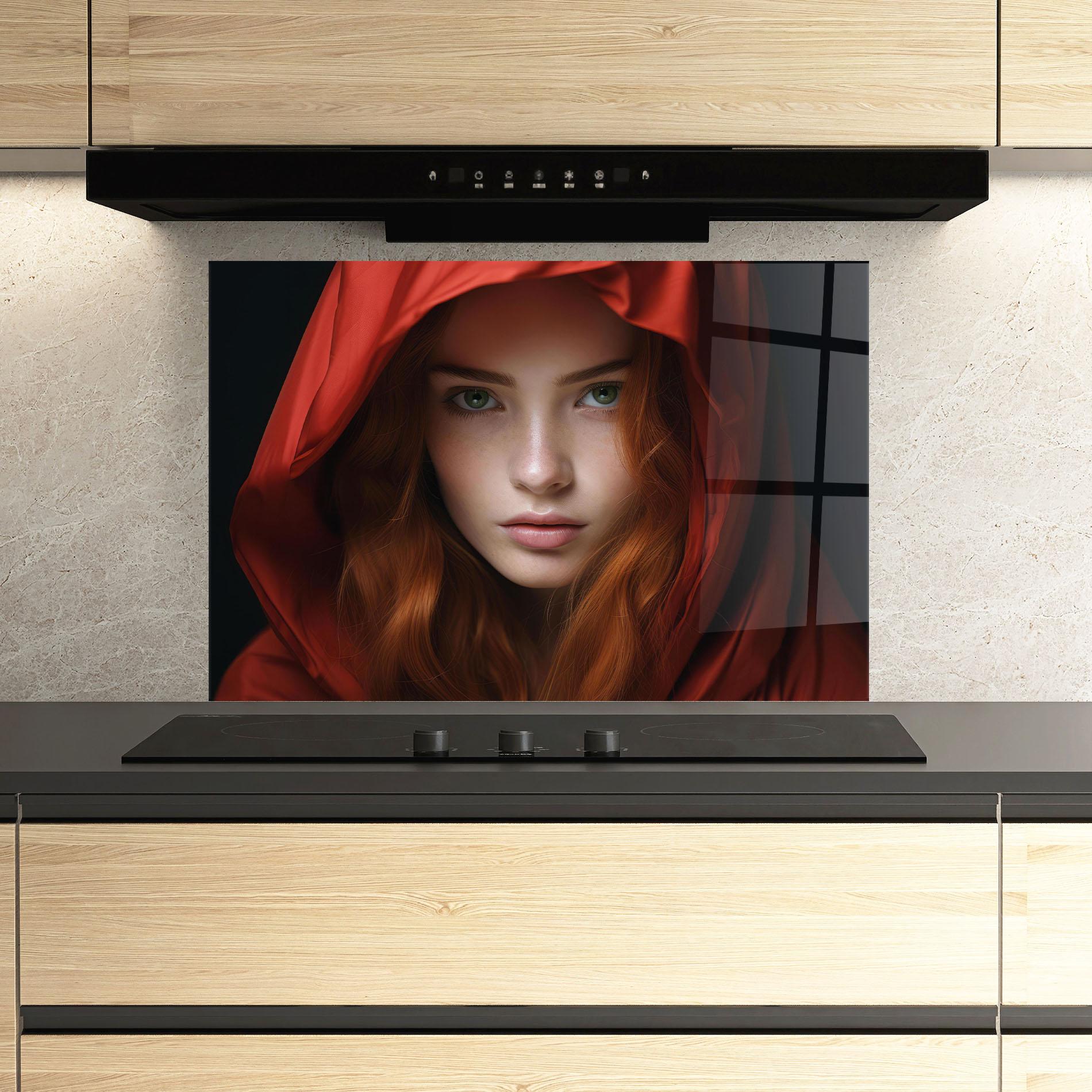 Konyhai üveg hátfal Red Hood Portrait mockup 3